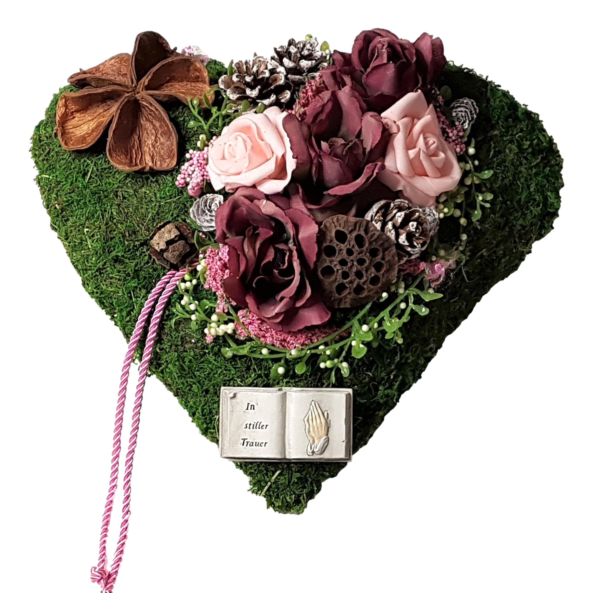 Grabgesteck Grabherz Herz Grabaufleger wetterfest Moosherz Bibel Trauerherz Rosen, 30x29cm, Lila