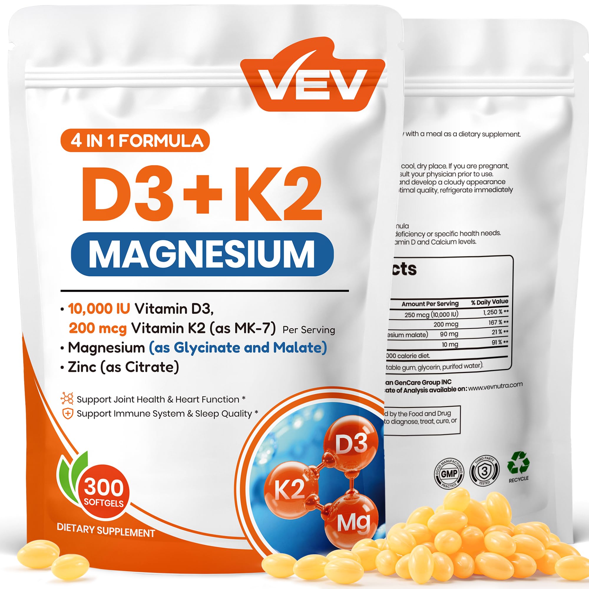 VEV Vitamin D3 K2 10 000 IU Magnesium Supplement with Vitamin D and K MK-7 Magnesium Glycinate Malate