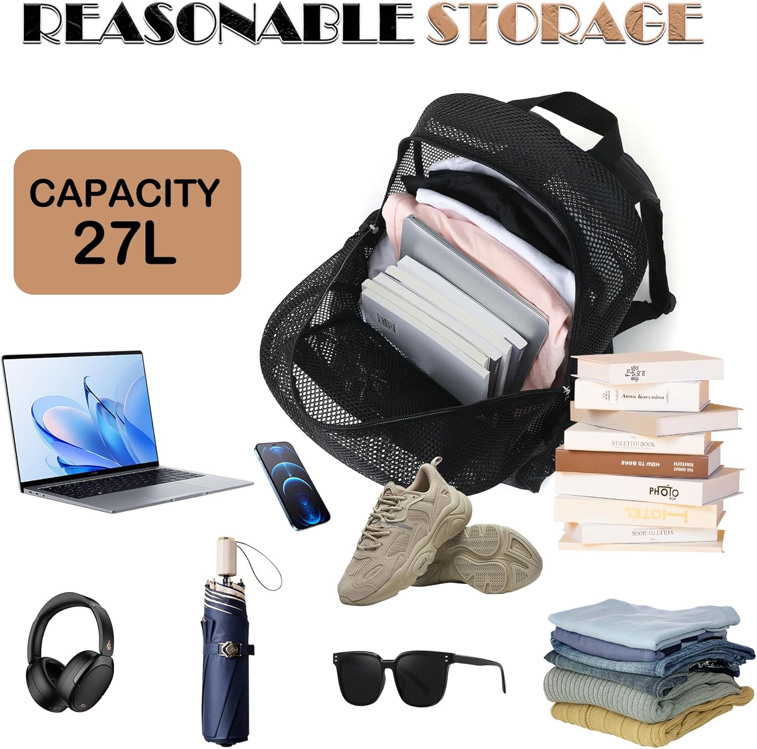 Mesh Backpack for School, Heavy Duty See Through Net Bookbag for Girls Boys Kids, 27L Large Capacity Mesh Bookbag for Beach Work Sports Travel with Padded Strap(Black) - Image 3