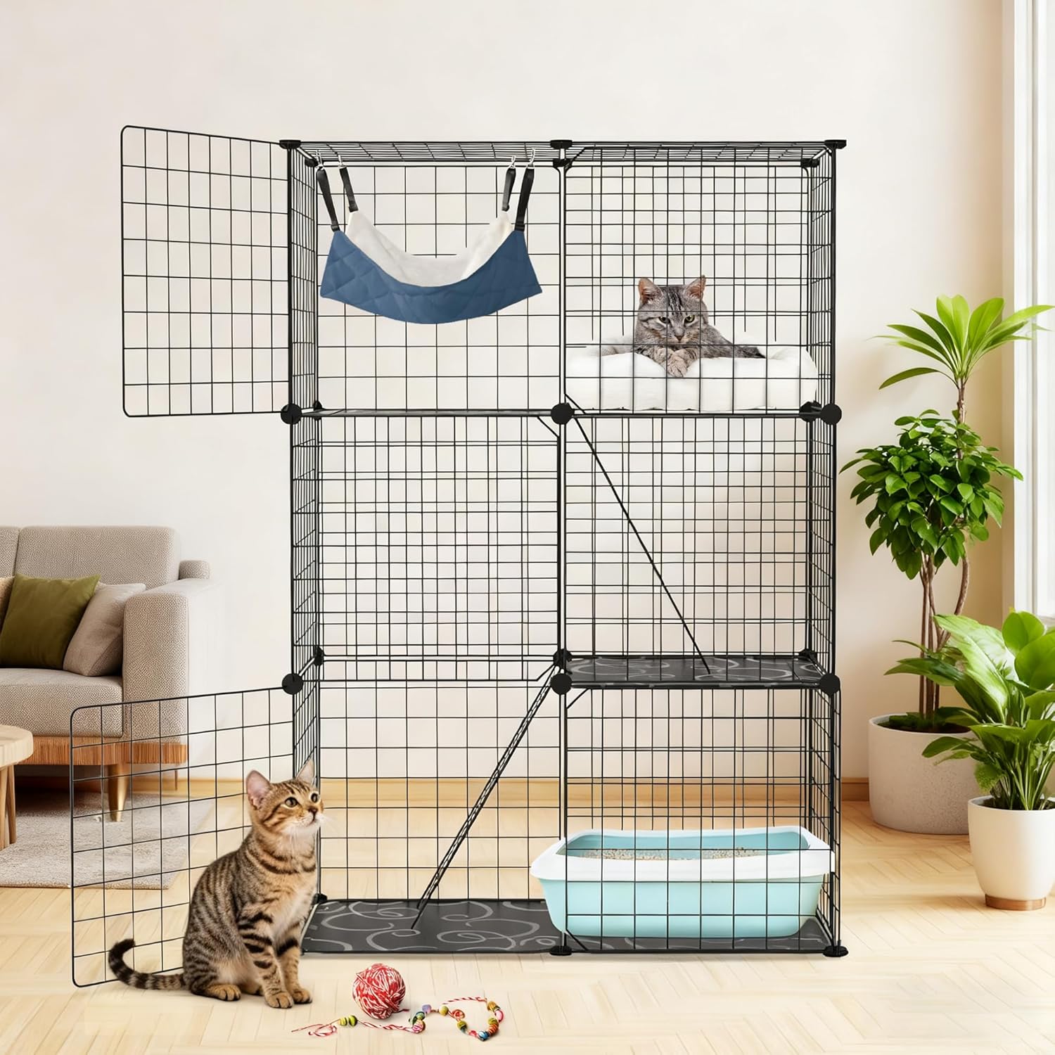 Large 3-Tier Cat Cage & Enclosure - Detachable Indoor Cat Playpen with 3 Doors & 2 Ramps, Metal Wire Cat Crate House Box for 1-2 Cats, Ferrets, Small Pets, 28.2" L x 14.0" W x 42.1" H, Black