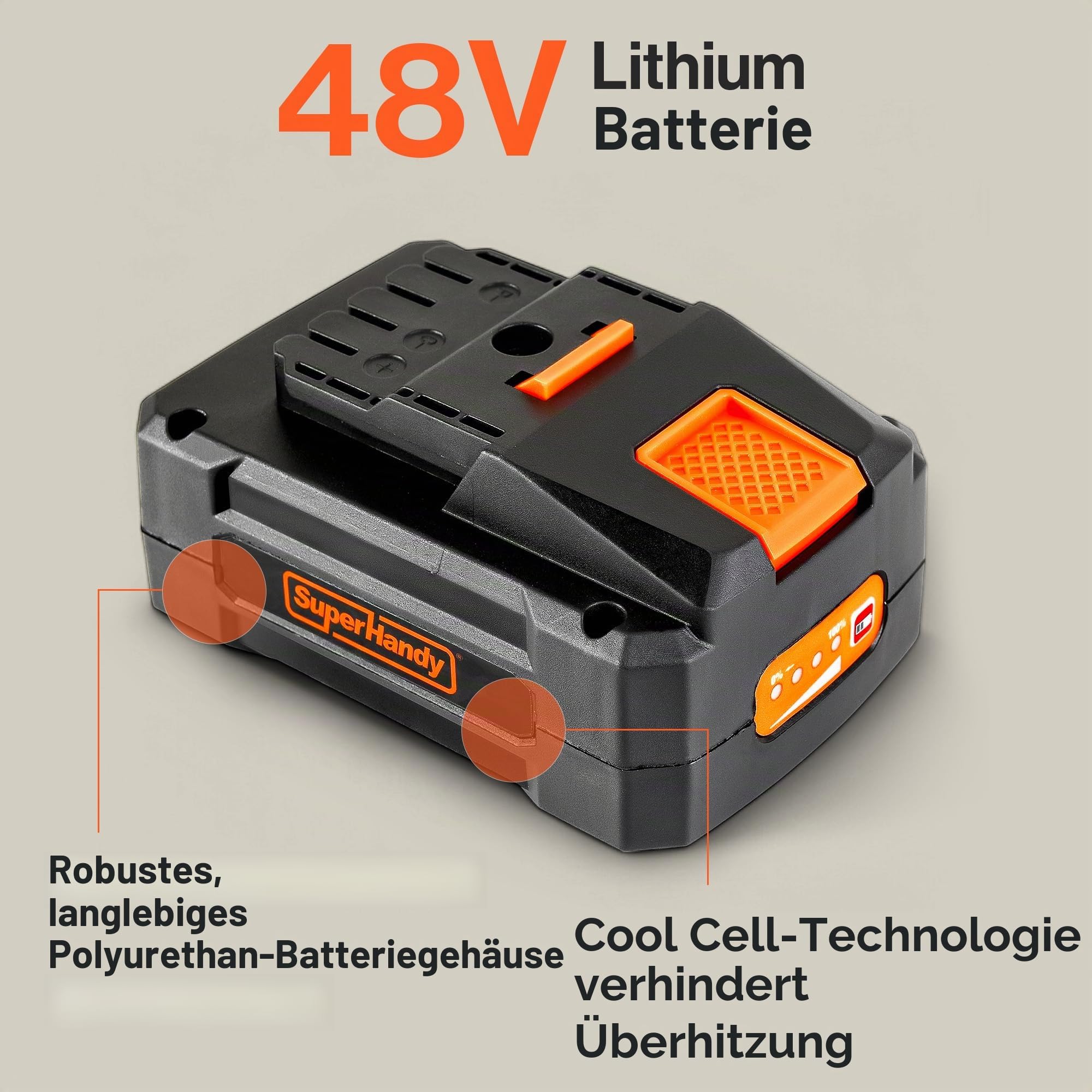 SuperHandy 48-V-Lithium-Akku, 2 Ah Kapazität, 88,8 Wh