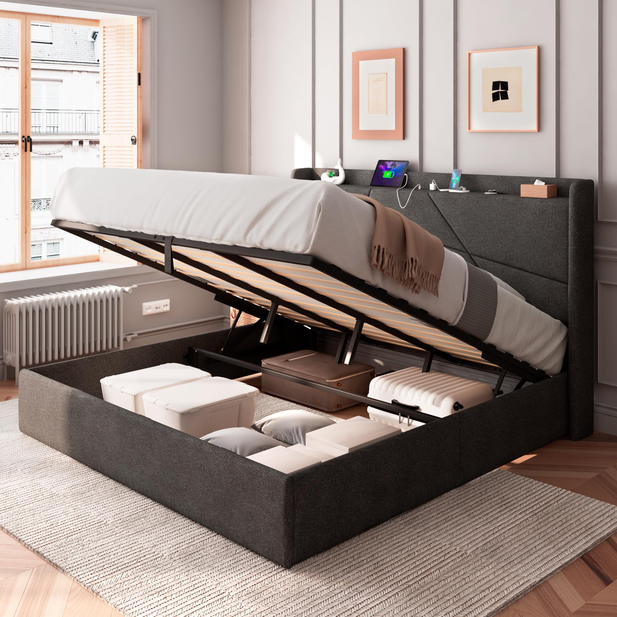 Buy Halence King Size LiftUp Storage Bed, Linen Upholstered Bed Frame