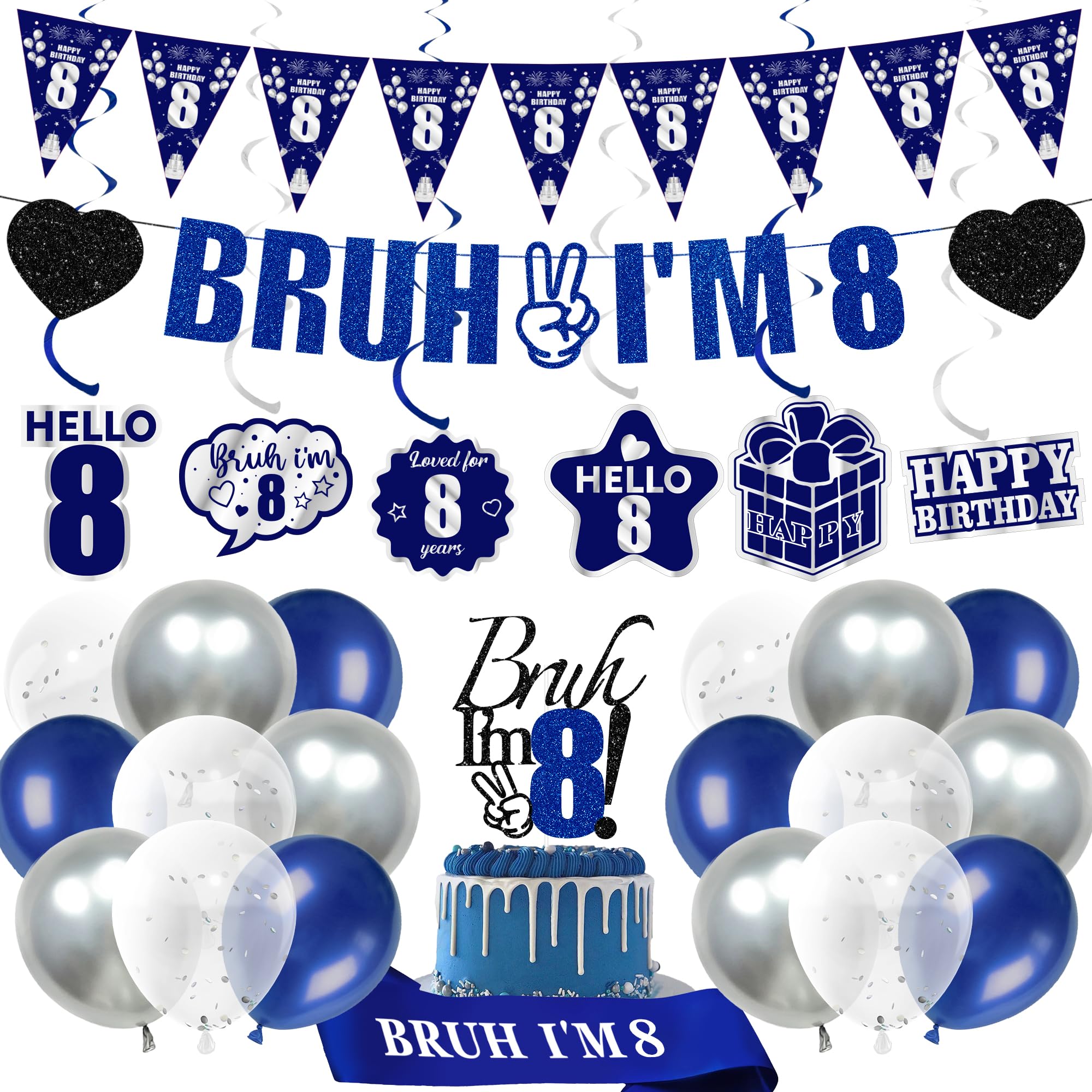 8th Birthday Decorations Balloons Boys - 28 Pcs Blue Bruh I'M 8 Banner Swirl Hangings Confetti Balloons Sash Cake Topper for Kids Boy 8 Years Old Birthday Party Decor Supplies