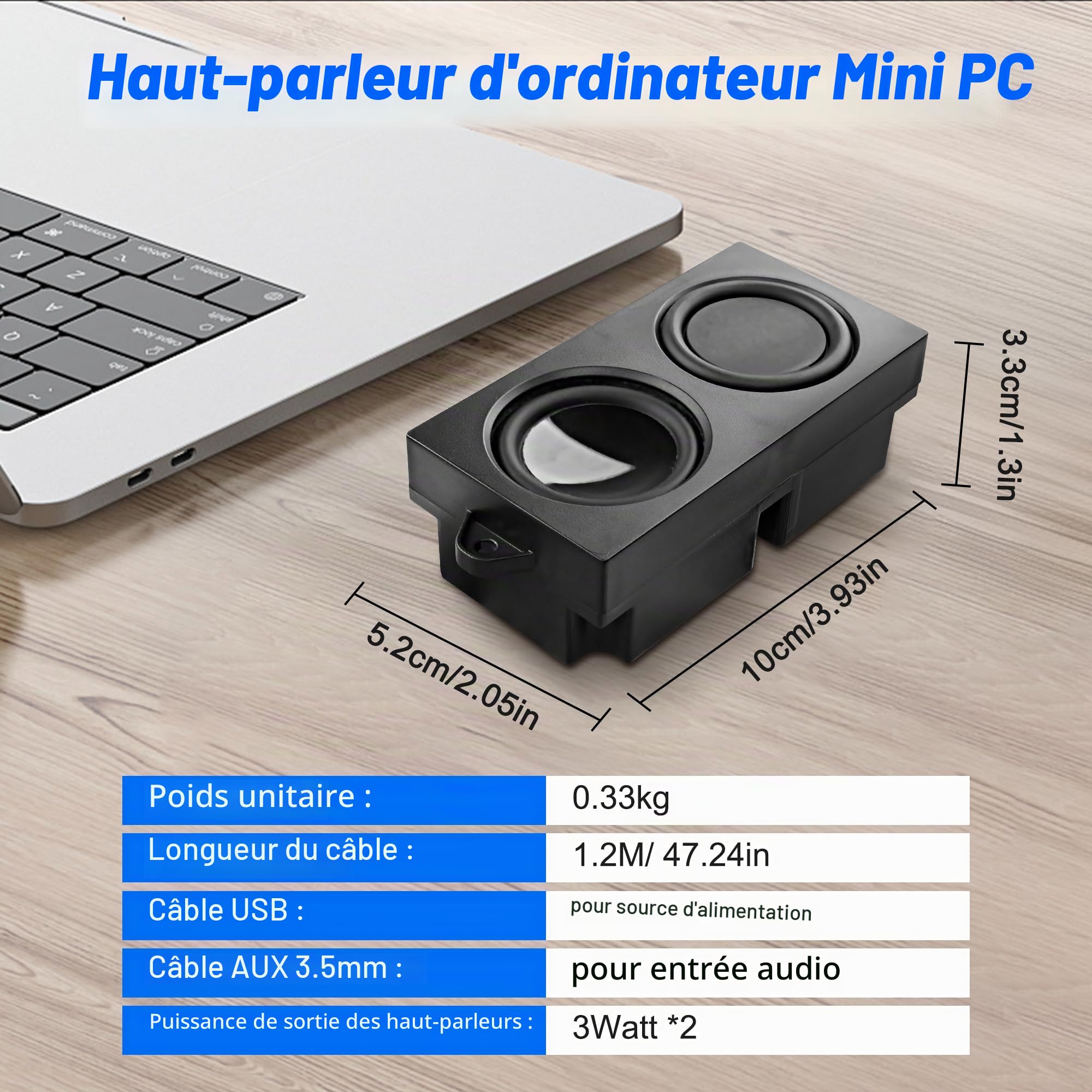 MEIRIYFA Haut-parleurs d'ordinateur USB pour PC portable, mini PC, entrée AUX 3,5 mm, contrôle du volume, stéréo HiFi, noir, 1,2 m