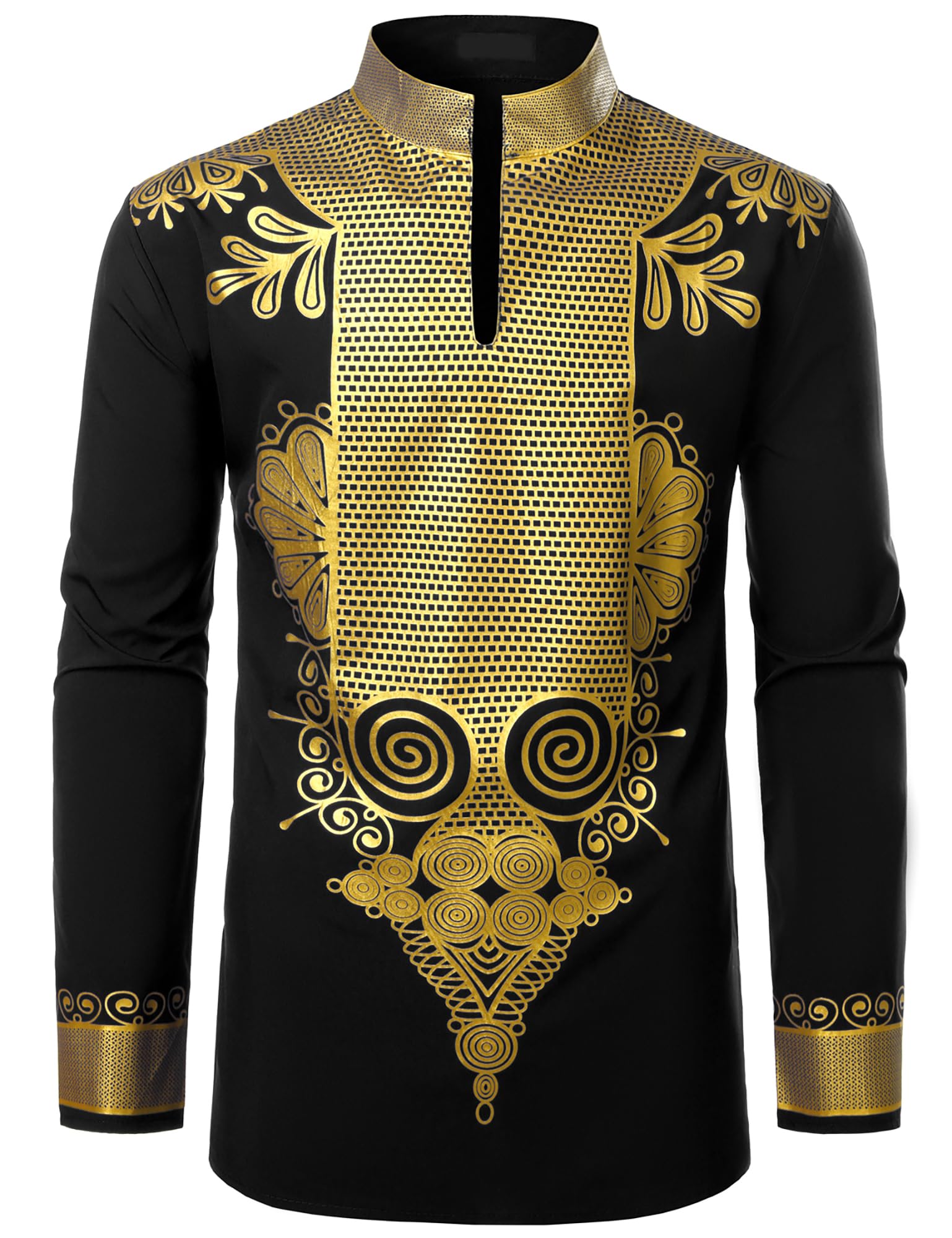 ZEROYAAMen's Africa Stand-up Collar Long Sleeve Dashiki Shiny Pattern Printed Dazzling Shirt