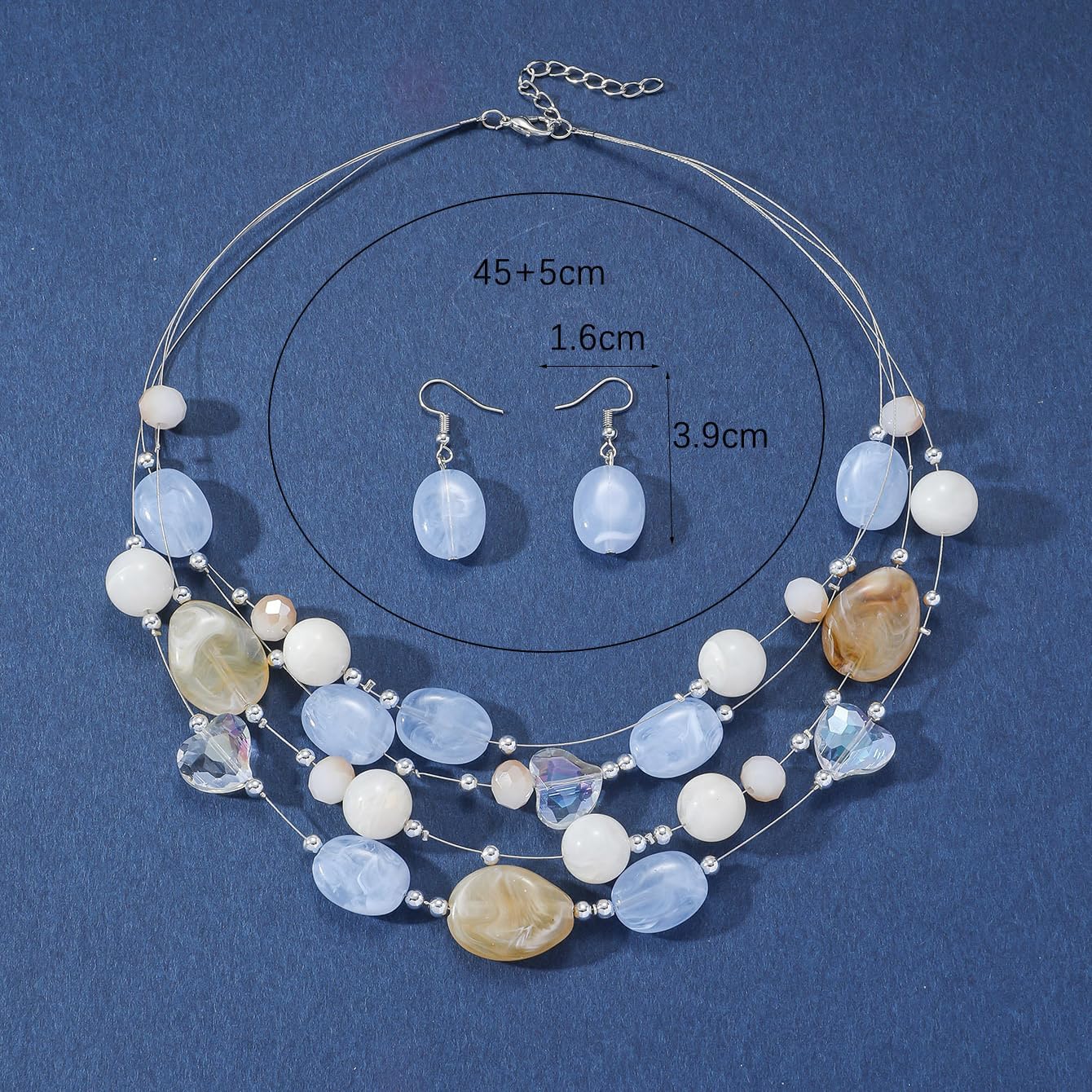 Rrdaily Boho Colorful Beaded Necklace Earring Set, Layered Stacking Choker Necklace for Women,Plastic Light Blue Dangle Drop Earrings - Image 3