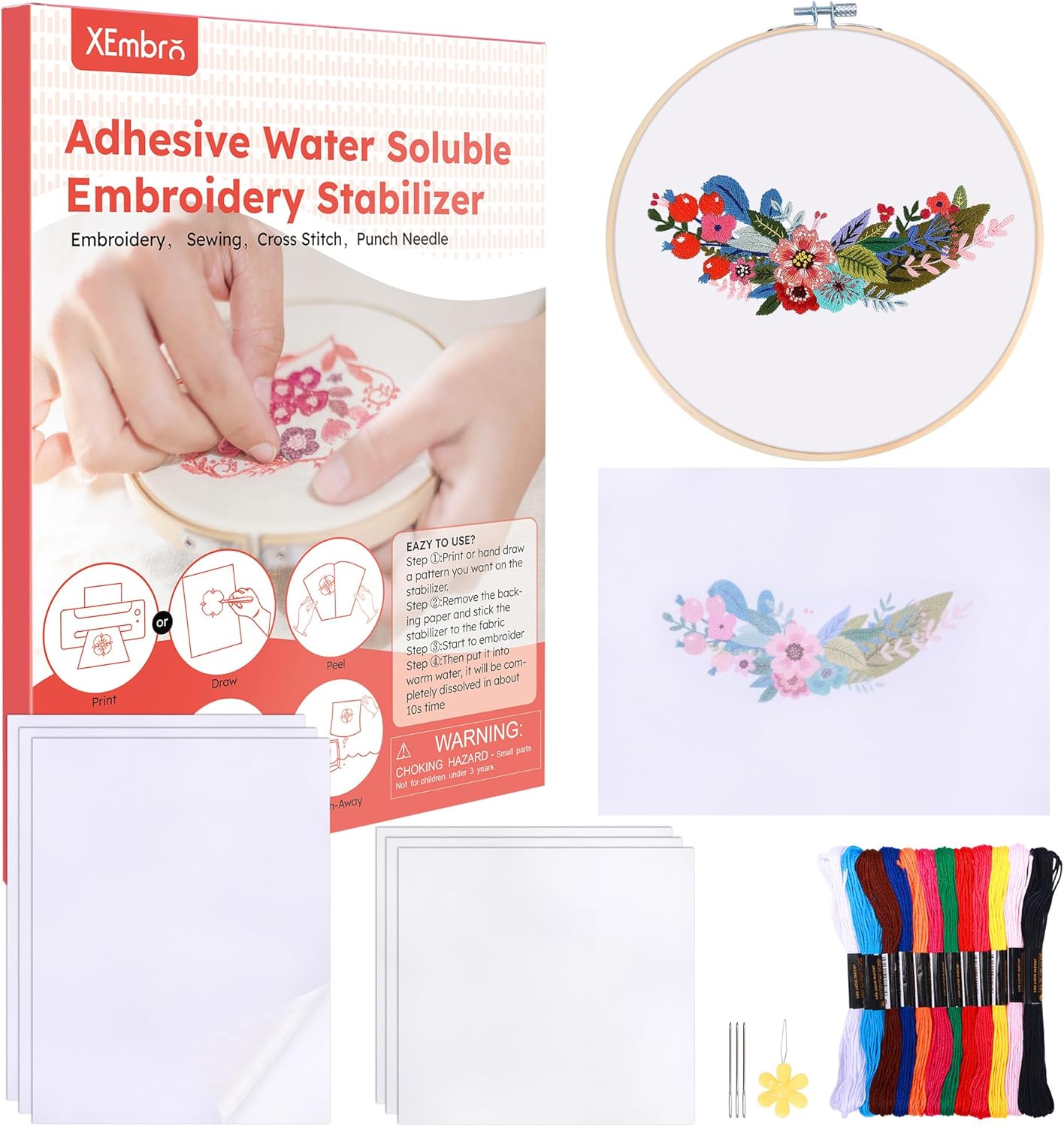 Amazon.com: XEmbro Sticky Water Soluble Embroidery Stabilizer, 8.5 x 11 ...