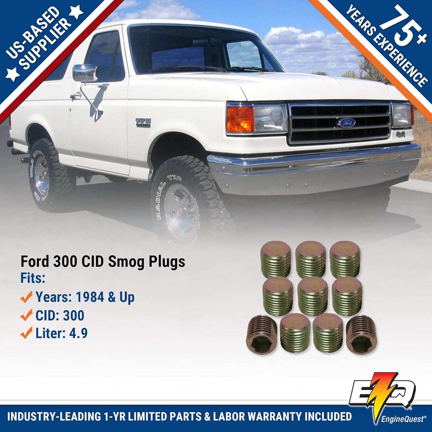 Smog Plugs 9/16" x 18 x .55" for 300 CID Engines | Set of 10 | Fits 1984 & Up L6 4.9L Applications | Made in The USA