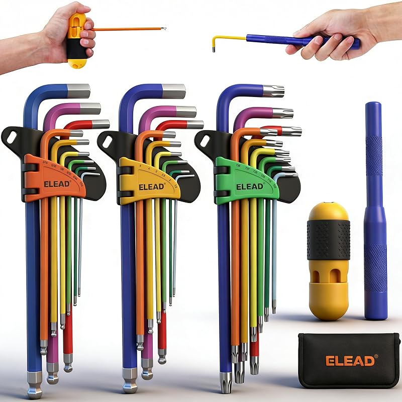 Kit de Chaves Allen, Hexagonais e Torx ELEAD com 29 Peças, Colorido, SAE e Métrico, Pontas Esféricas, Cabo em T e Barra de Extensão