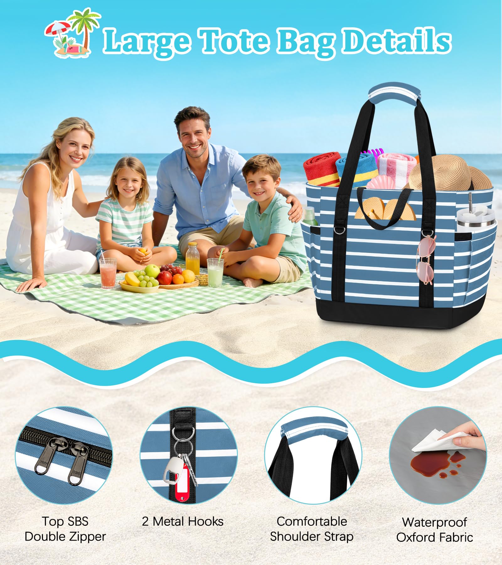 LUROON Borsa Mare Donna Grande XXL con Borsa Frigo, Borsa Spiaggia Famiglia Impermeabile con Cerniera, Pieghevole e Leggera Borse Tracolla Donna per Shopping Viaggio Campeggio
