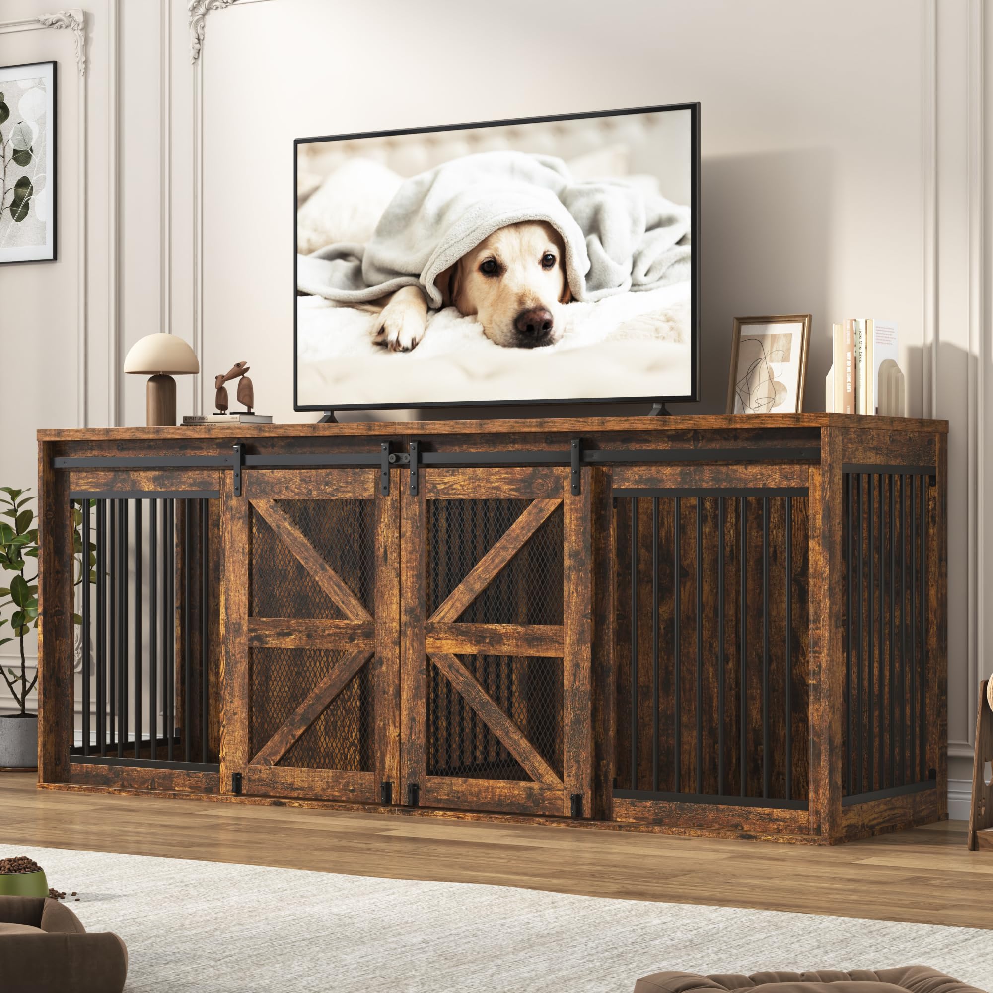 87In Farmhouse Dog Crate TV Stand, Wooden Dog Kennel