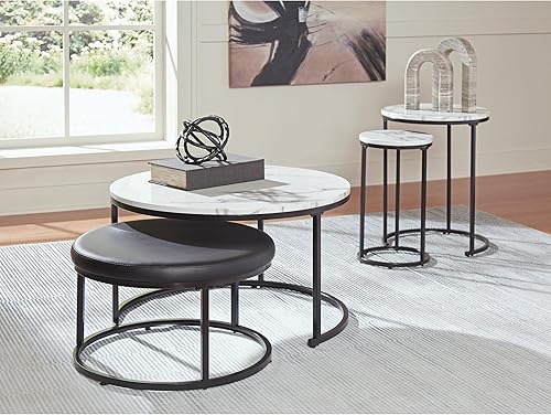 Miniatura 2 de Signature Design by Ashley Jusmour - Juego de mesa anidable moderna con otomana tapizada de piel sintética, juego de 4, color blanco y negro