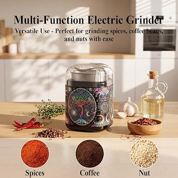 Spice Grinder, One-Touch Fast Grinder with Stainless Steel Blades, Cute Grinder with Unique Pattern Design, Electric Grinder for Spices, 5.1 (Black)