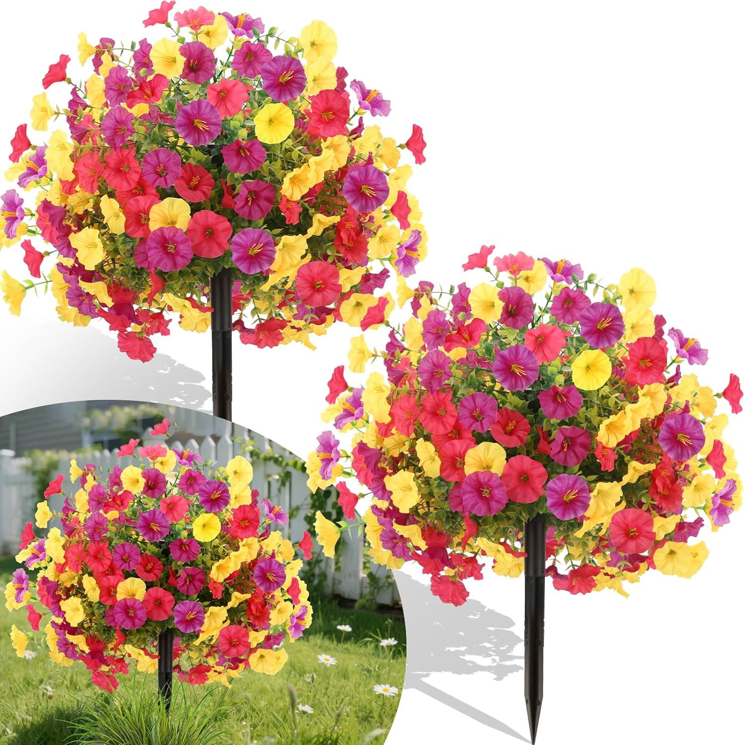 2 Bundles Artificial Flowers for Outdoors with Ground Spikes,21.65 Inch Morning Glory Eucalyptus Topiary Ball Trees, UV Resistant Faux Shrubs Fake Plants for Porch Outdoor Garden Decor (Muti-Color)