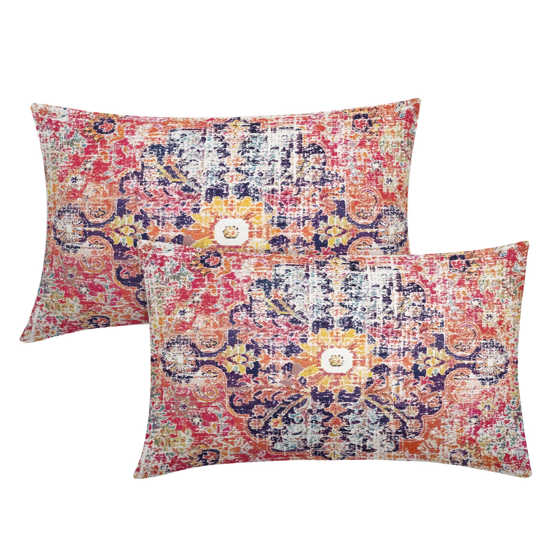 Hot Pink Orange Vintage Bohemian Lumbar Pillow Covers 12X20 Inch Purple Red Boho Flower Rug Oriental Carpet Pillow Cases Set of 2 Antique Rustic Retro
