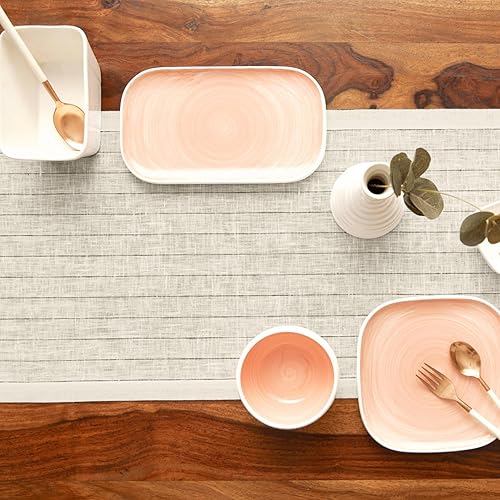 Miniatura 5 de Solino Home Camino de mesa de lino a rayas de 60 pulgadas de largo, 100% lino puro de 14 x 60 pulgadas, rayas marfil y negro, camino de mesa para