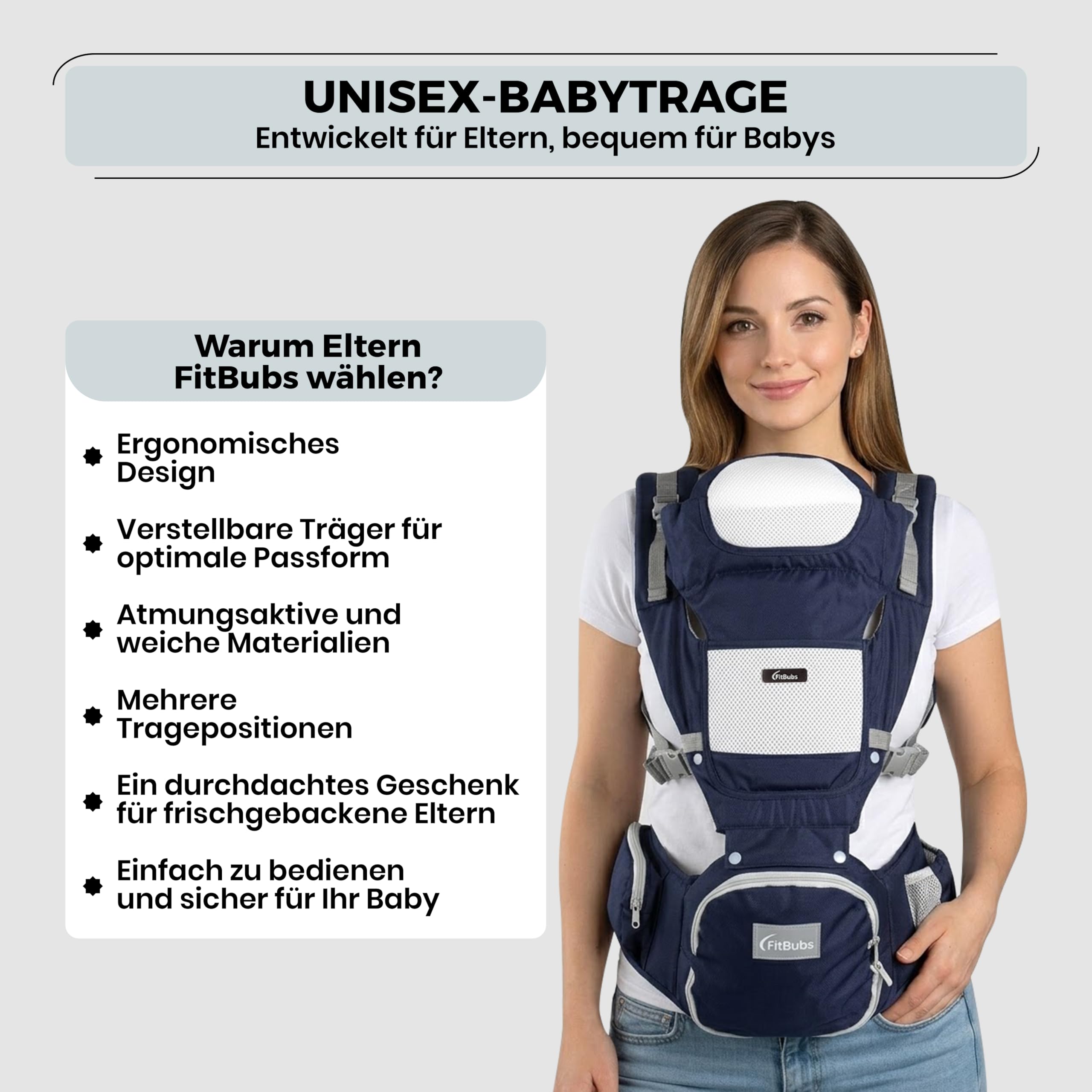 Portabebés con asiento de cadera – Ergonómico y transpirable, para la parte delantera y la cadera para bebés y niños pequeños (azul oscuro)