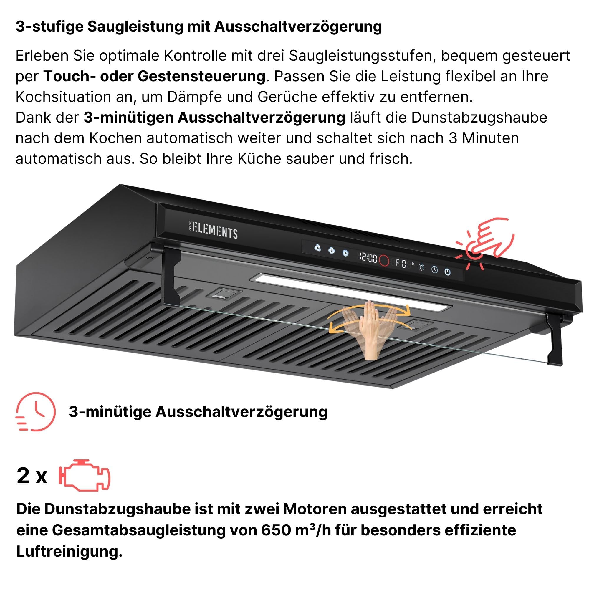 Dunstabzugshaube 60cm Unterbau Umluft/Abluft 650m³/h starke Saugleistung Doppelter Motor Touch-Gestensteuerung Multifunktionales Touch Display