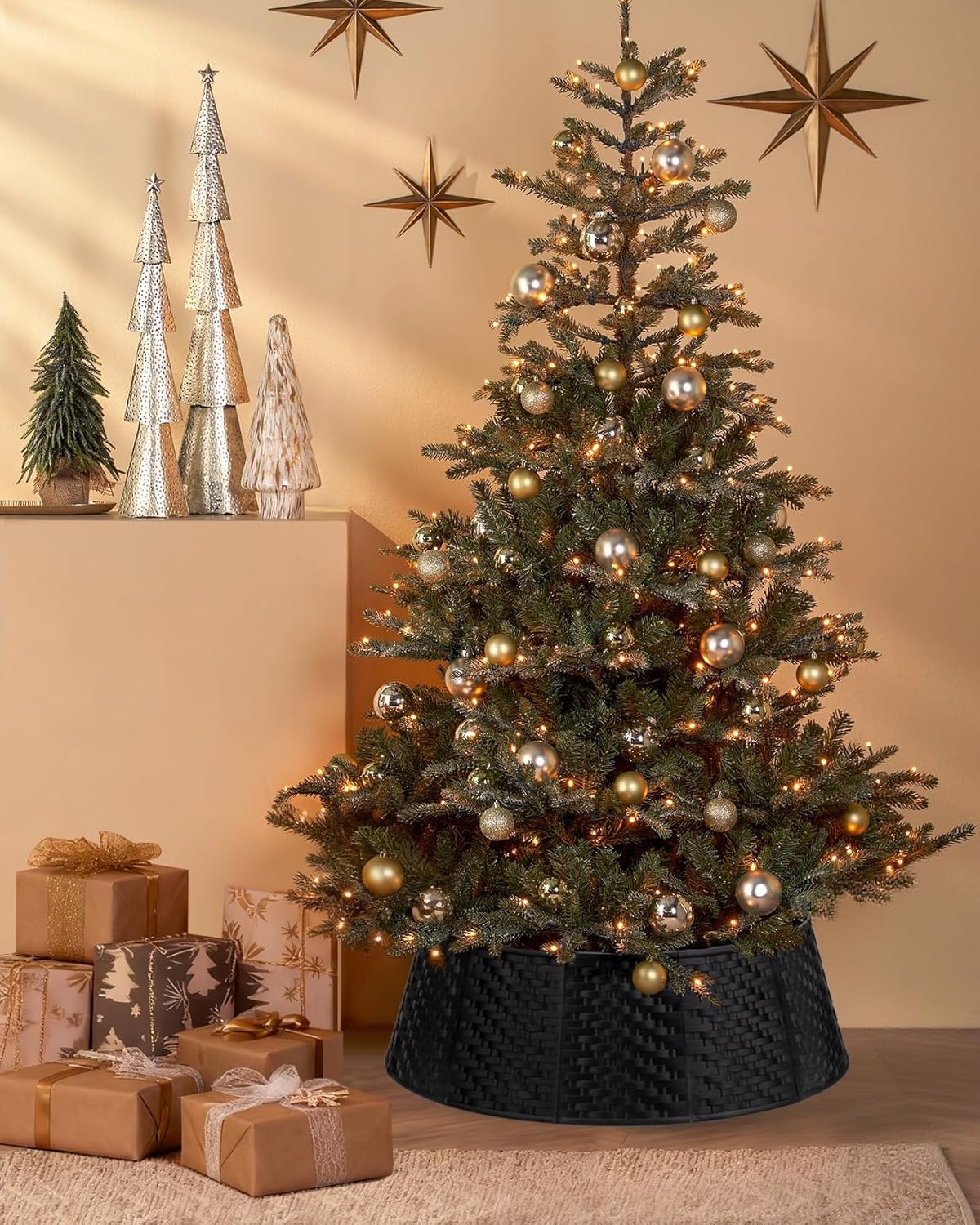 Black Christmas Tree Collar Christmas Tree Ring 28 inch Round Tree Skirt for Holiday Tree Ornaments Christmas Party Home Decorations (Simple,Large)
