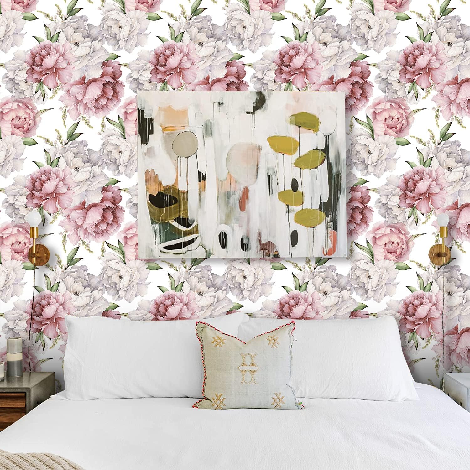 Self-Adhesive Floral Peonies Wallpaper Pink/Green/White Watercolor Design, Peel and Stick Removable Vinyl Wallpaper for Home Decor 17.3" x 118"