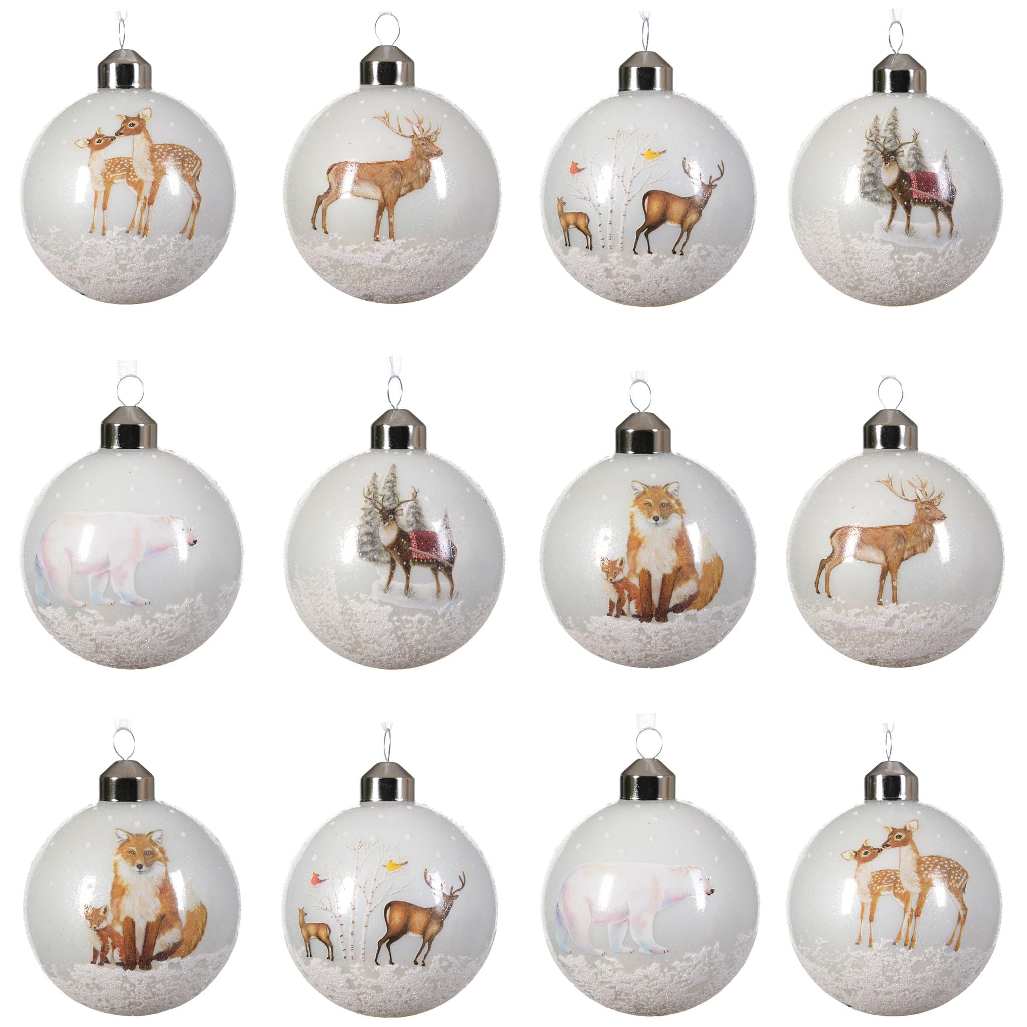 Kaemingk Weihnachtskugeln Glas 8cm x 12 Stück mit Tier Motiv Christbaumkugeln Weihnachtsbaumkugeln für Weihnachten - Christbaumschmuck & Weihnachtsbaumschmuck - Weiß