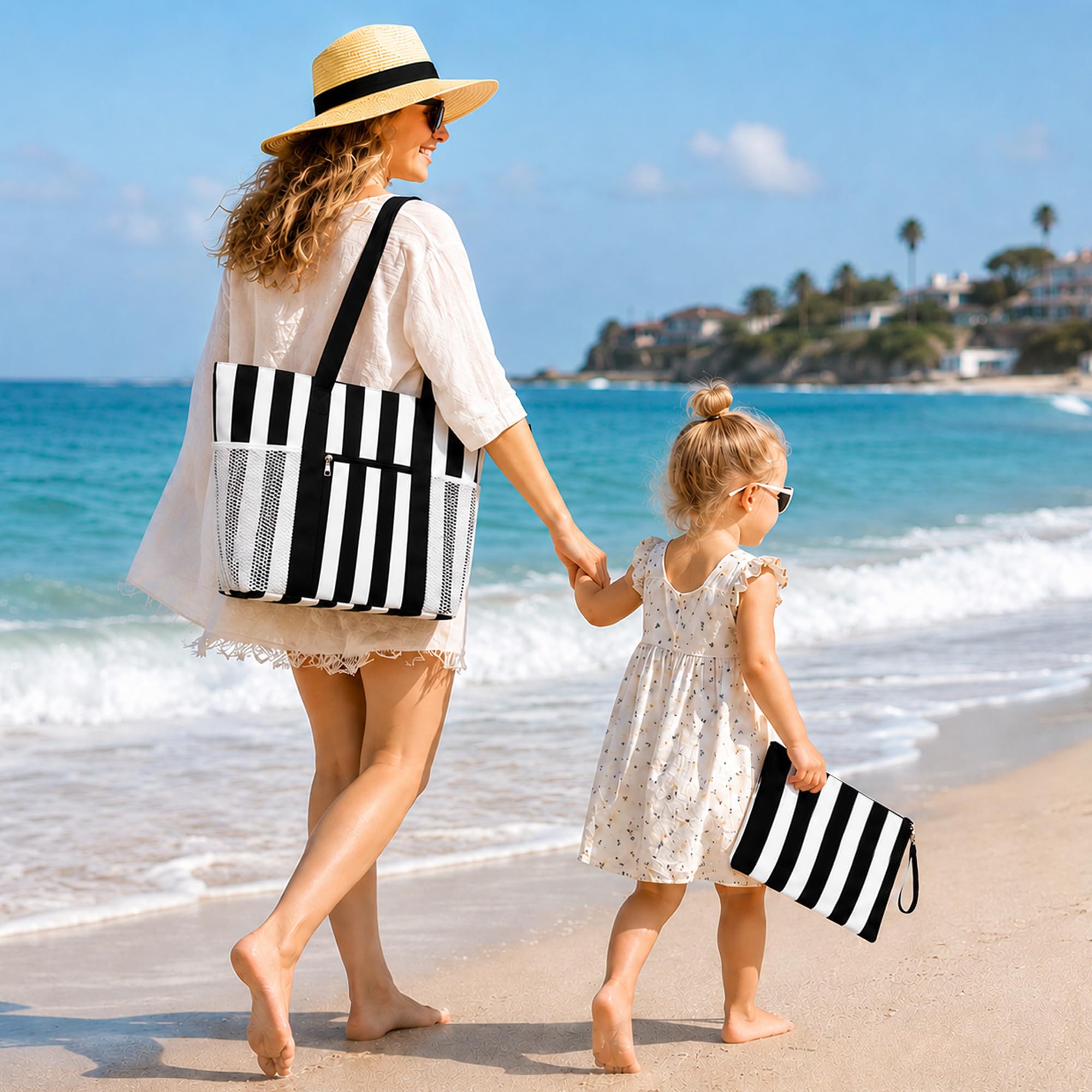 TAHAVICE 35L Große Strandtasche Damen, XXL Badetasche mit 5 Fächern & Nassfach, Wasserdichte Familie Strandtasche mit Reißverschluss, Beach Bag für Reise Strand Pool