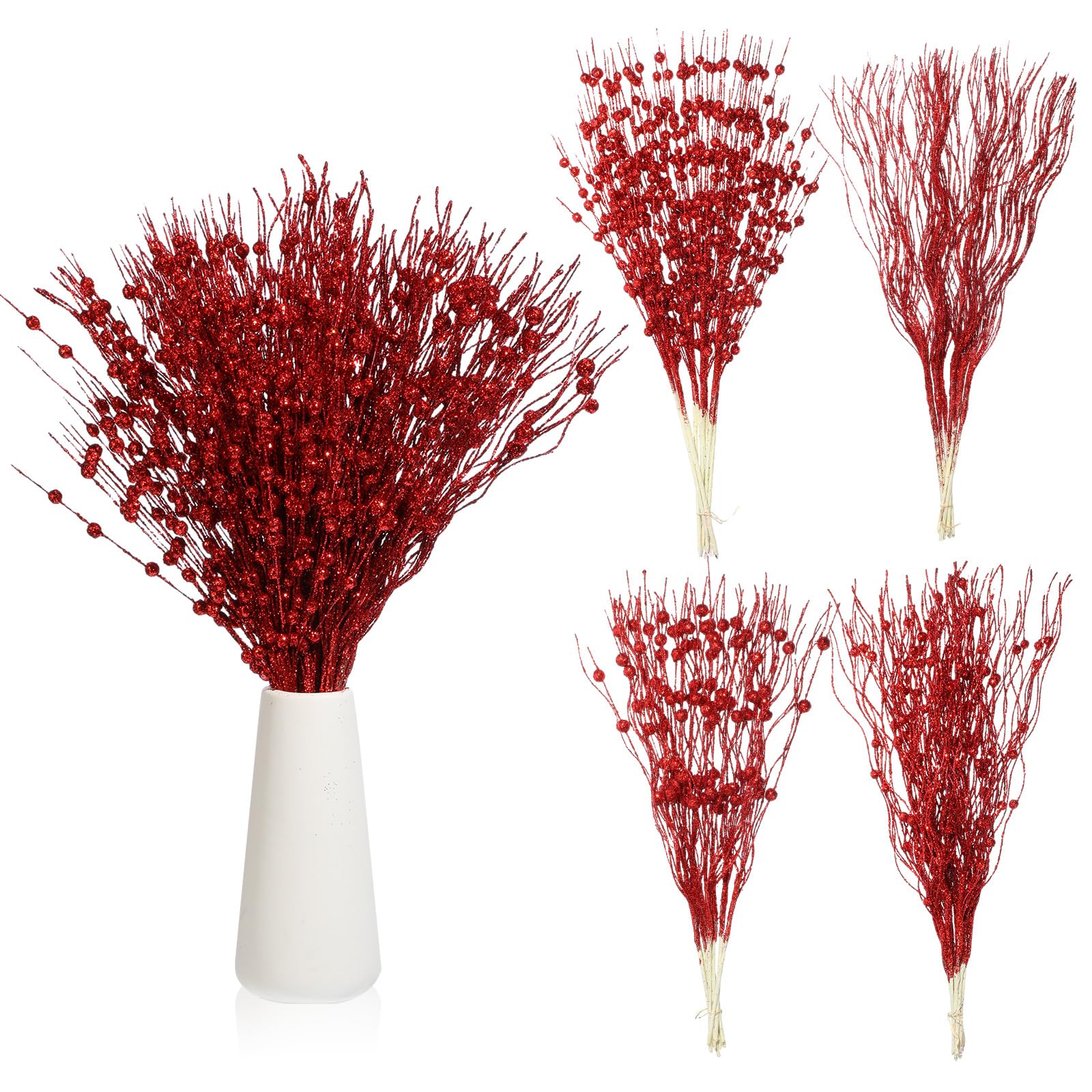 36 Stück Weihnachtsbaum-Plektren, 4 Stile, künstliche Glitzer, Beerenstiel, Weihnachtsschmuck, glitzernde Zweige für Weihnachtsbaum, Weihnachtskranz, Vasenfüller (rot)
