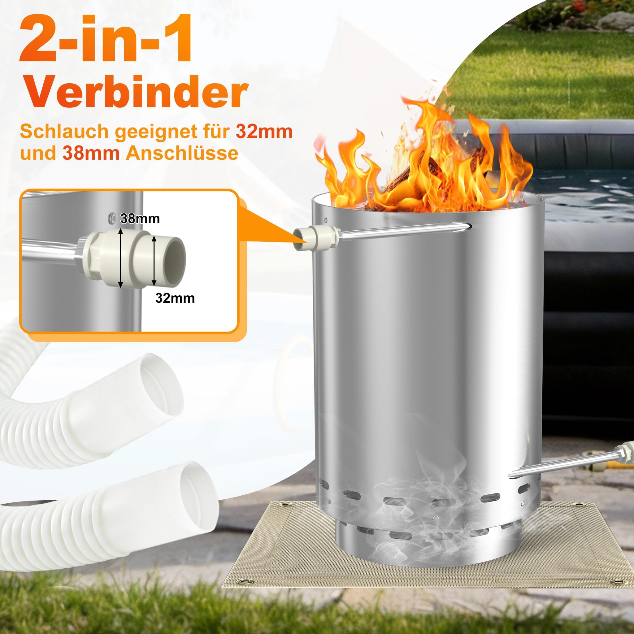 LZQ Poolheizung Edelstahl Feuertonne, Holz Poolofen mit Heizspirale 32/38 mm Anschluss Outdoor Schwimmbad Wassererwärmer Holzbeheizt – inkl. Feuerfeste Matte & Restasche Auffangwanne, 1 Stück