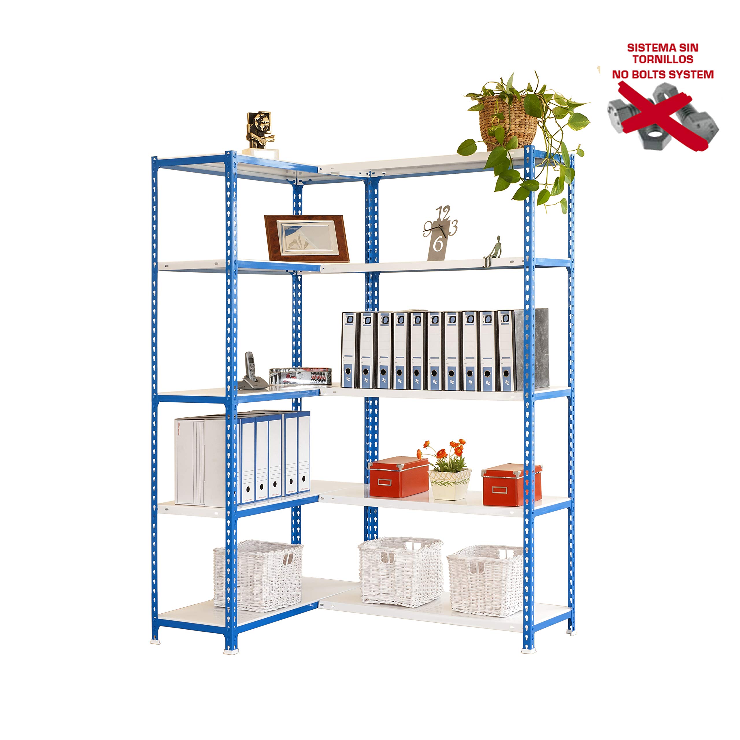 Simon Rack Estantería Metálica Esquina Almacenaje, Sin Tornillos, 10 Baldas, Alta Capacidad Carga 80 kg, 2000x1400x400 mm, Estantería Garaje Trastero Oficina, Azul/Blanco