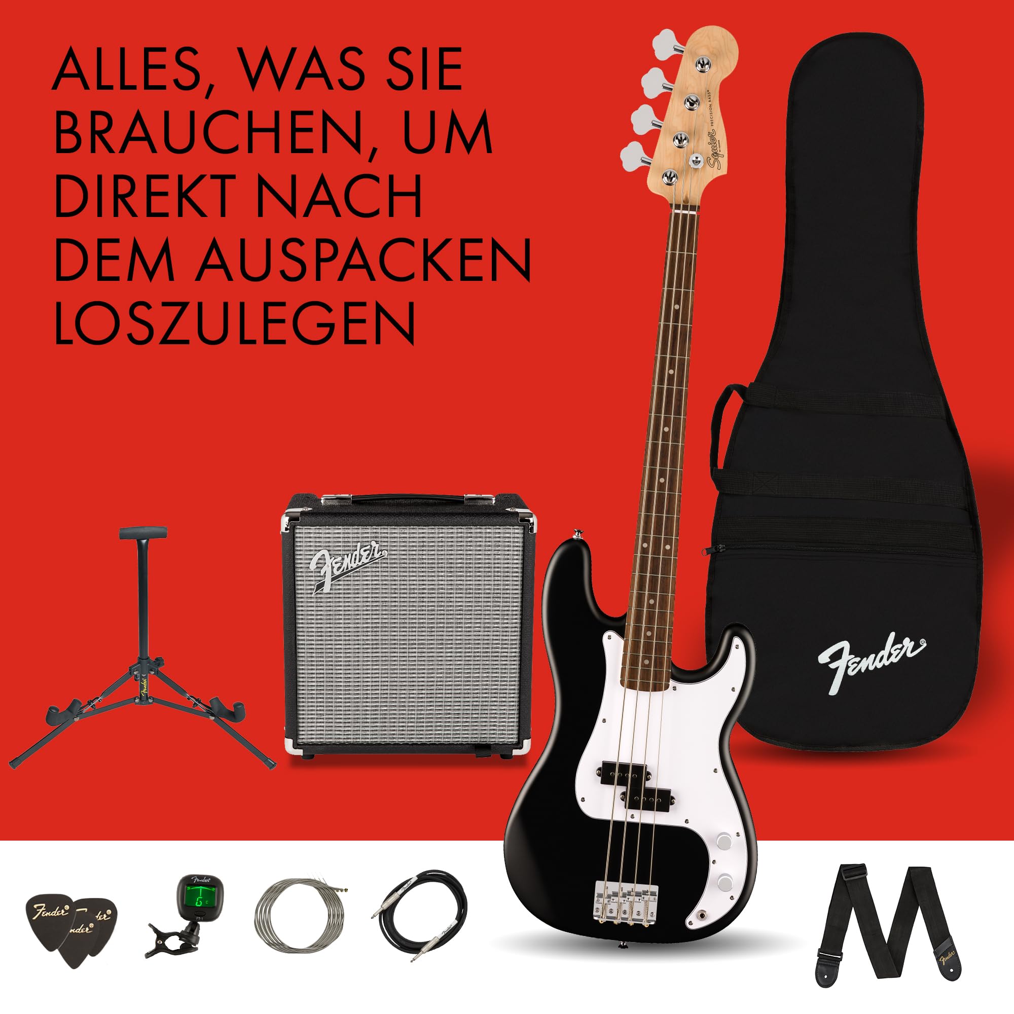 Squier by Fender Debut Collection Precision Bass, Lieferumfang mit Zubehör: - Ständer - Rumble 15 Amp - Gepolstertes Gigbag - Gurt - Bass - 3 m Kabel - FT-1 Stimmgerät