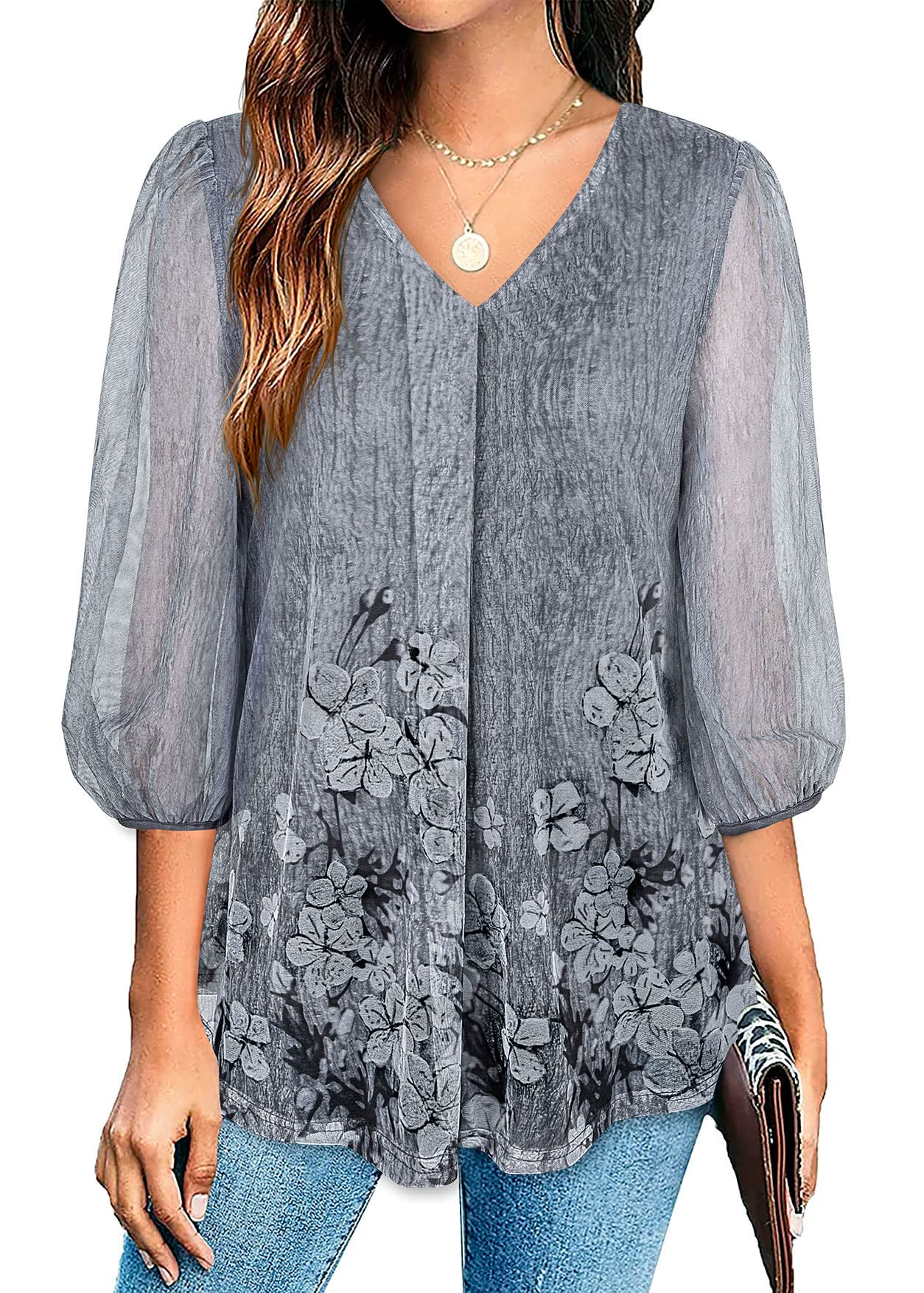 Photo 1 of SeSe Code Womens Lantern 3/4 Sleeve Mesh Blouses Pleated Front Tunic V Neck Tops Medium 5-grey