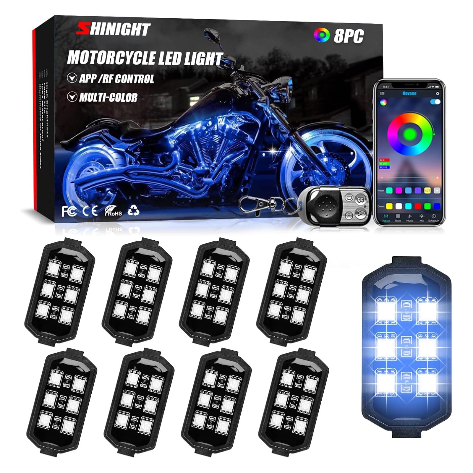 SHINIGHT 8 Pcs Motorcycle LED Light Kits, App Control Multicolor IP67