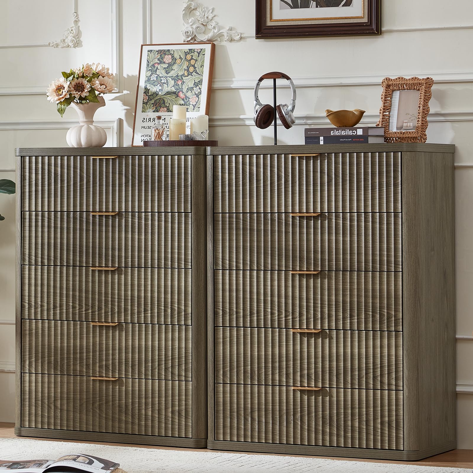 LEYAOYAO Fluted 5 Drawers Dresser Set of 2, 41" Tall Modern Chest of Drawers with Metal Handle, Curved Profile Dresser TV Stand, Wooden Drawer Organizer for Bedroom, Living Room, Hallway,Grey
