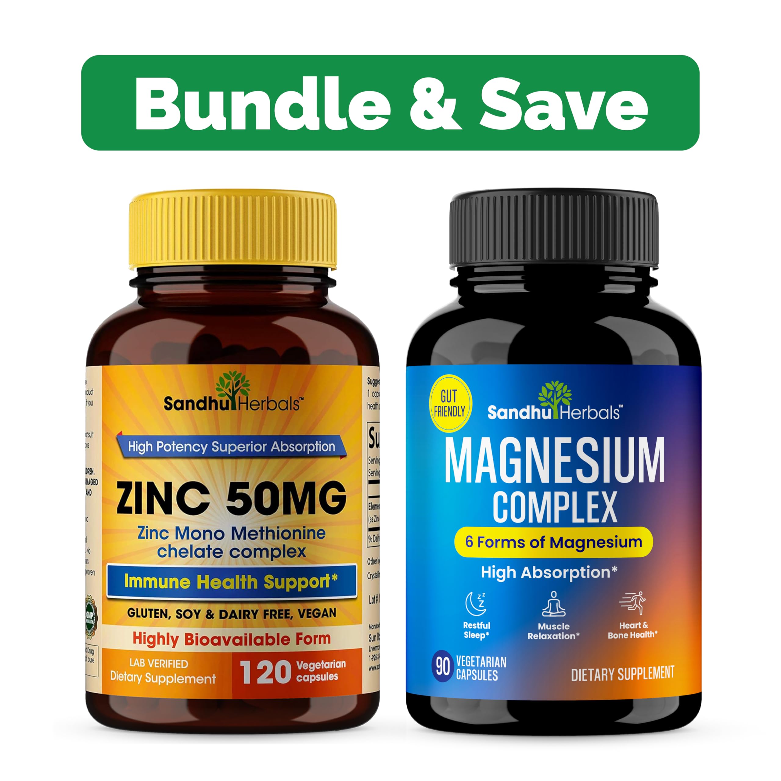 Sandhu Herbals Zinc 50 mg & Magnesium 6 in 1 Complex Supplement Combo | Supports Immune Health, Restful Sleep & Heart and Bone Health