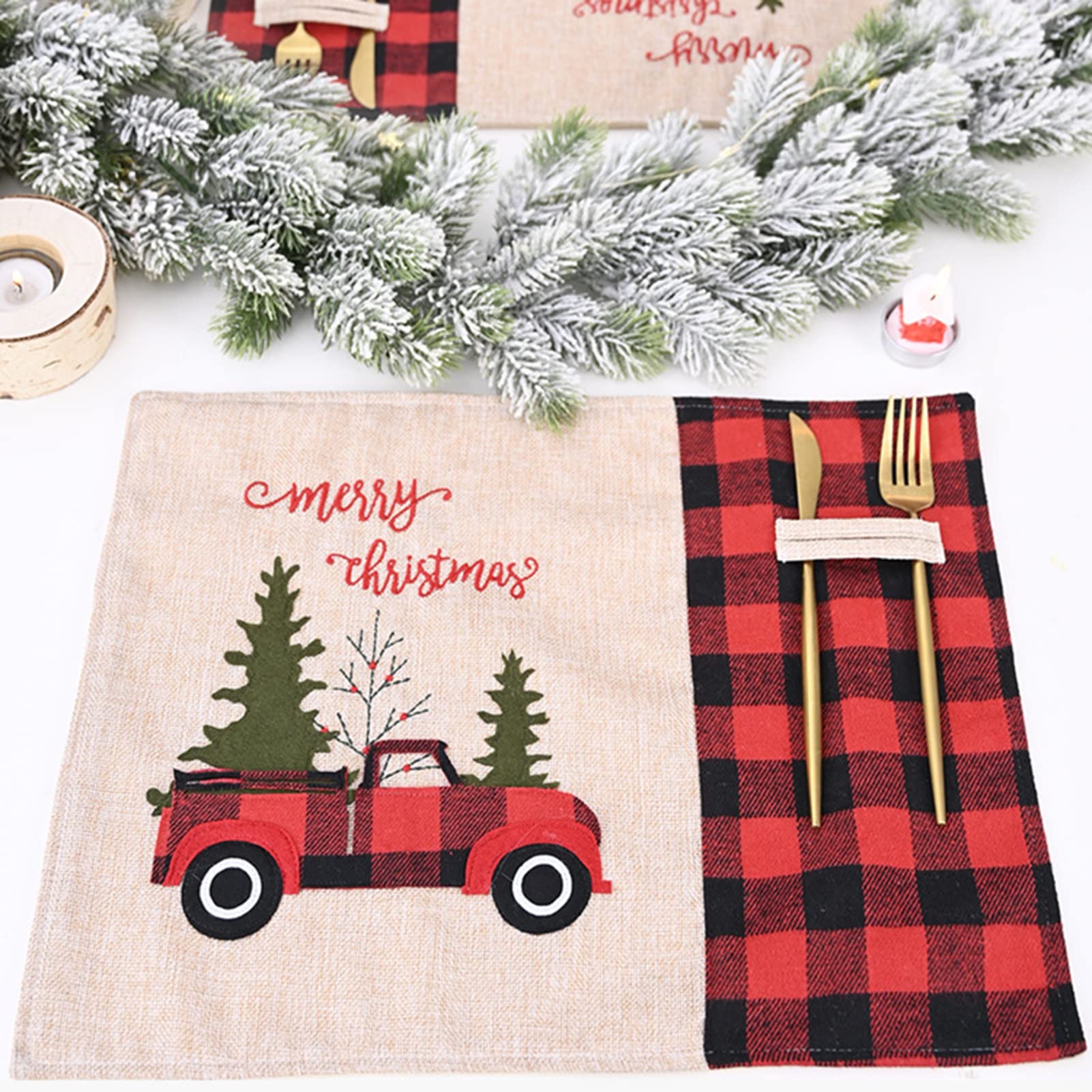 RENRUIRUI- Set De Table De Noël Set De 4 Tapis De Table Camion Rouge Ferme, Sets De Table À Carreaux De Buffle Rouge Et Noir Pour Table À Manger Décor De Noël