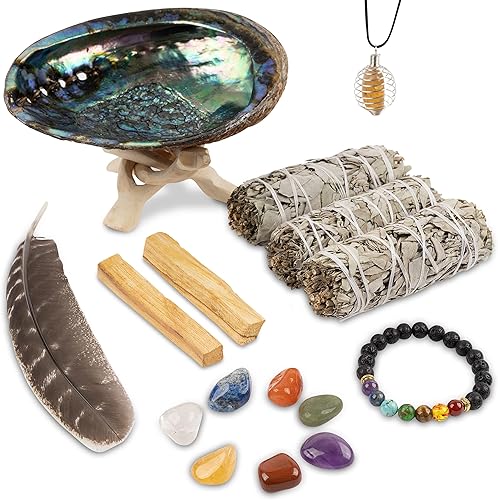 Wish Well Kit de manchas de salvia 3 palos de salvia blanca 2 palos de Palo Santo concha de abulón soporte pluma de manchas 7 piedras de chakra y