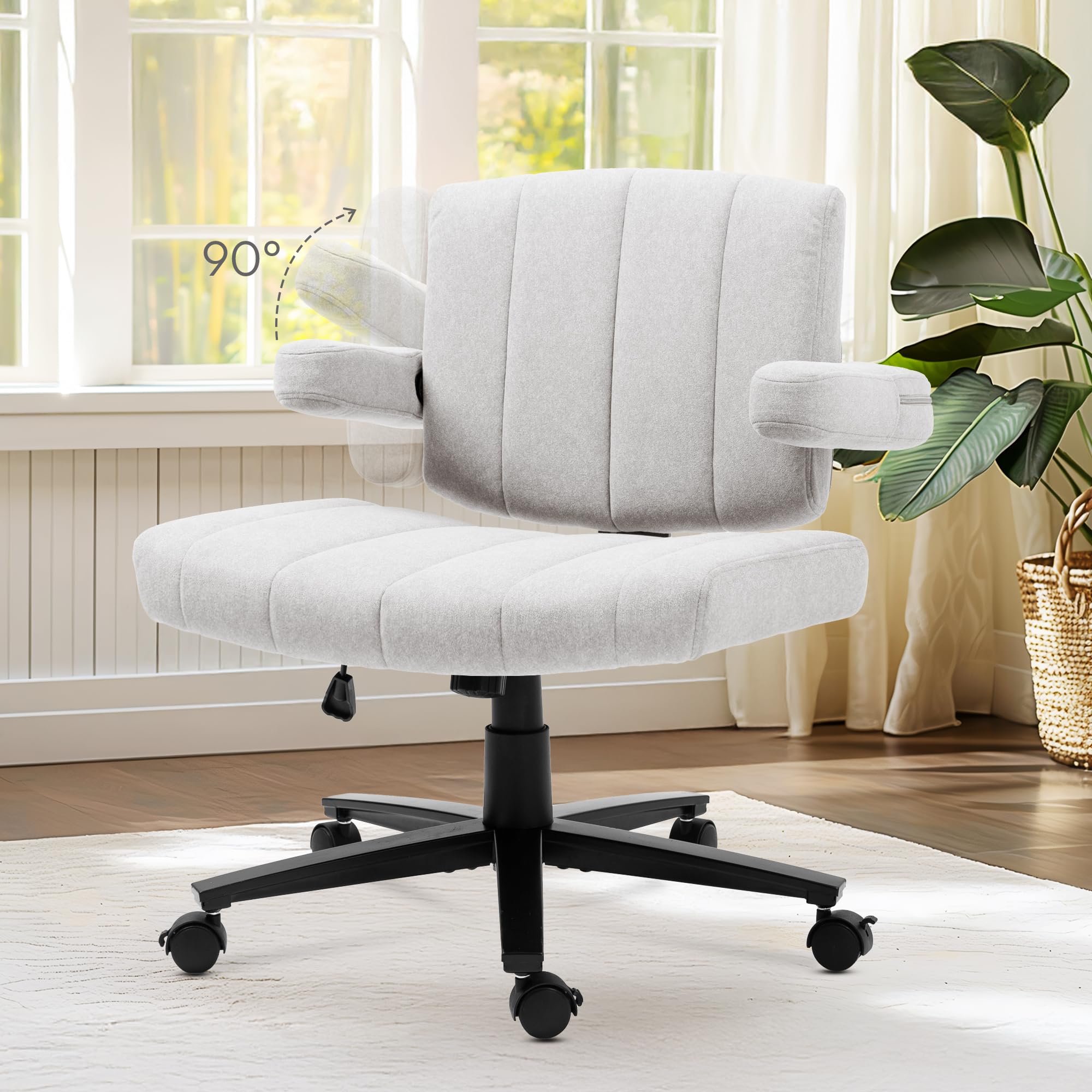 Criss Cross Chair with Wheels, High Back Adjustable Wide Armrest Office Chair, Anti-Grip Fabric Comfort Cushion Modern Style Swivel Computer Task Chairs for Home Vanity Desk Office (Grey)