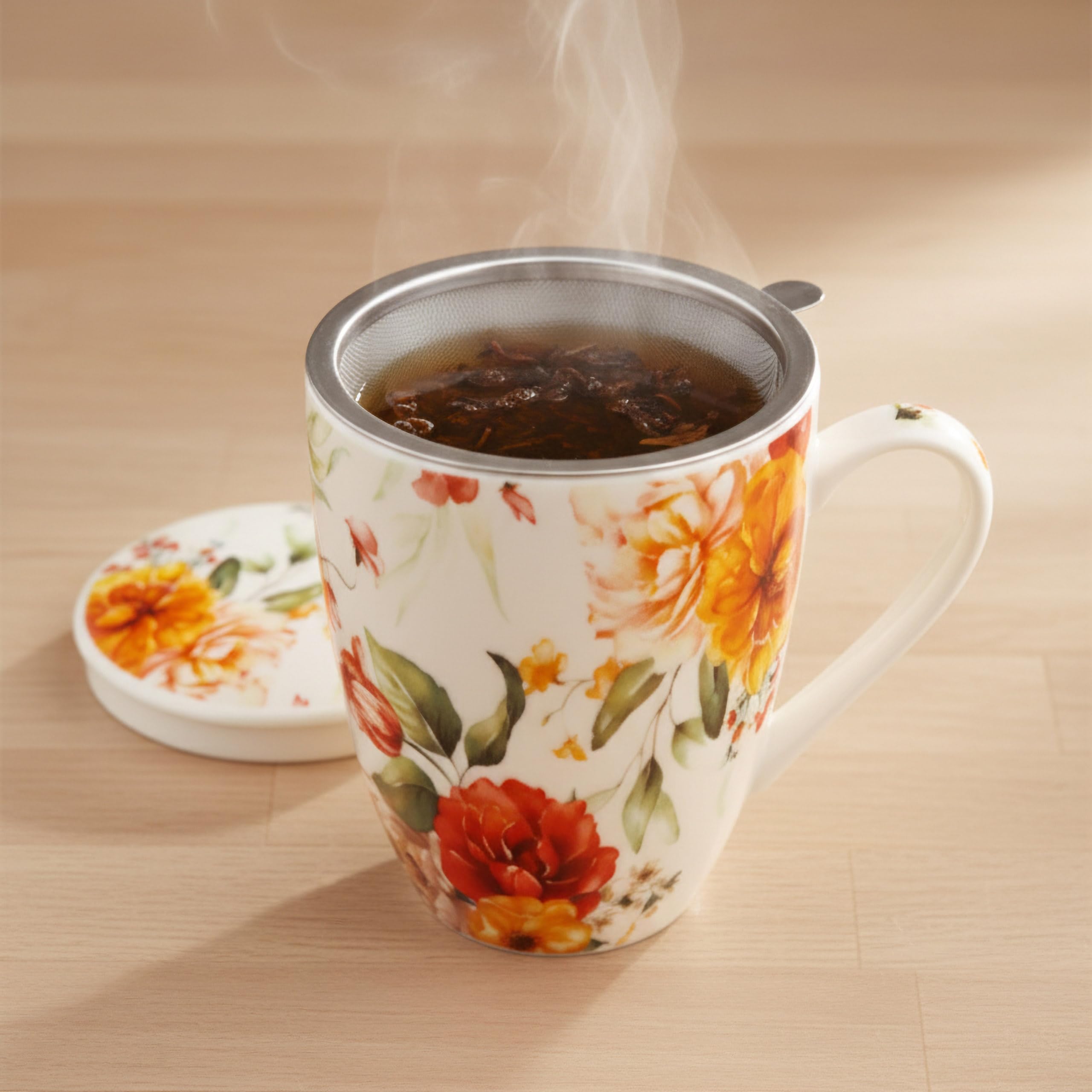 Zestaw do herbaty: Porcelanowy kubek z zaparzaczem i pokrywką do ziół - zapakowany w pudełku na prezent 340 ml (I)