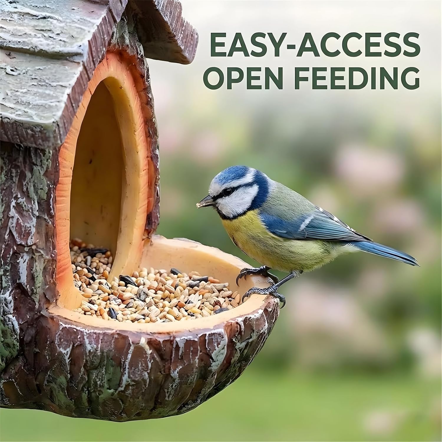 Handmade Vintage Treehouse Shape Bird Feeder, Bird Feeders for Outdoors, Waterproof Resin Tree-Mounted Sculpture, Open Design Feeding Birdhouse with Seed Tray for Outdoor Garden Decor (2 Pcs)