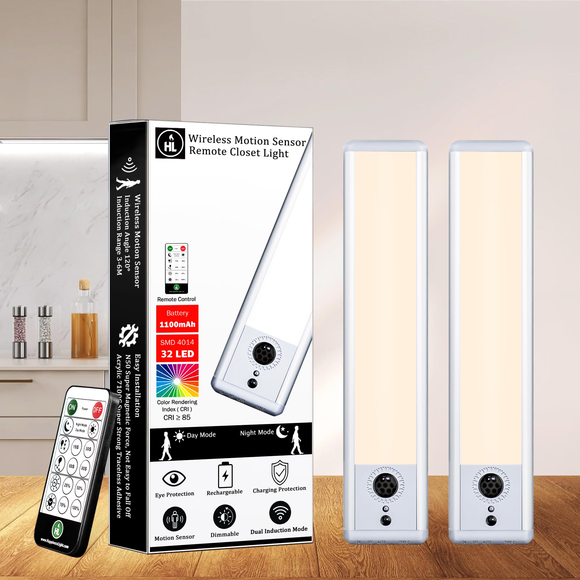 HL Under Cabinet Lighting, LED Motion Sensor Light Indoor, Rechargeable Closet Lights Wireless, Magnetic with Remote Dimmable Under Counter Lights for Kitchen Stairs Warm White 2Pack