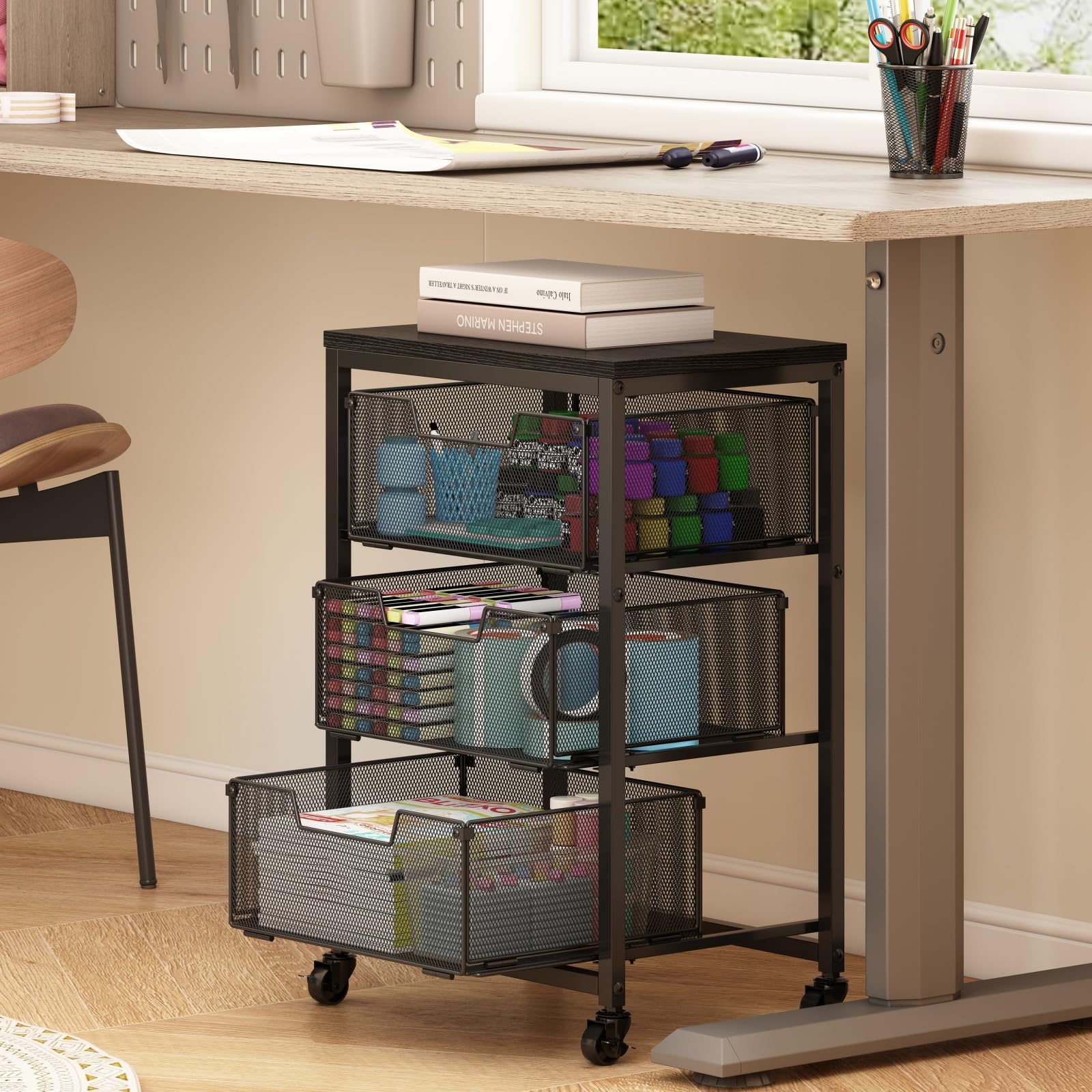 Aokitsink Under Desk Storage Cart with Lockable Wheels in Black