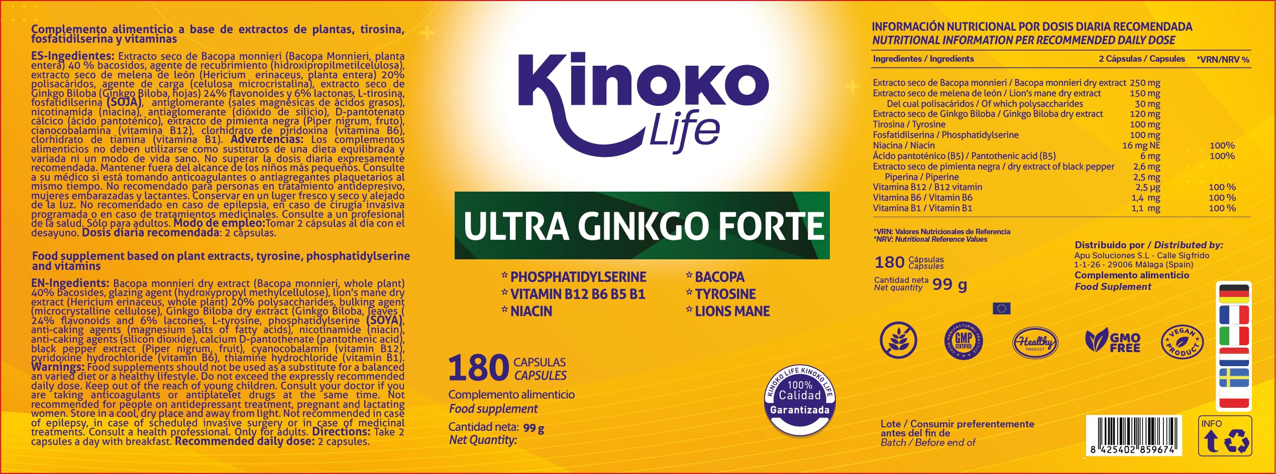 Ginkgo Biloba Forte 180 Capsule con Bacopa, Fosfatidilserina, Criniera di Leone, Tirosina, Niacina e Vitamine B Complex per Memoria e Concentrazione.