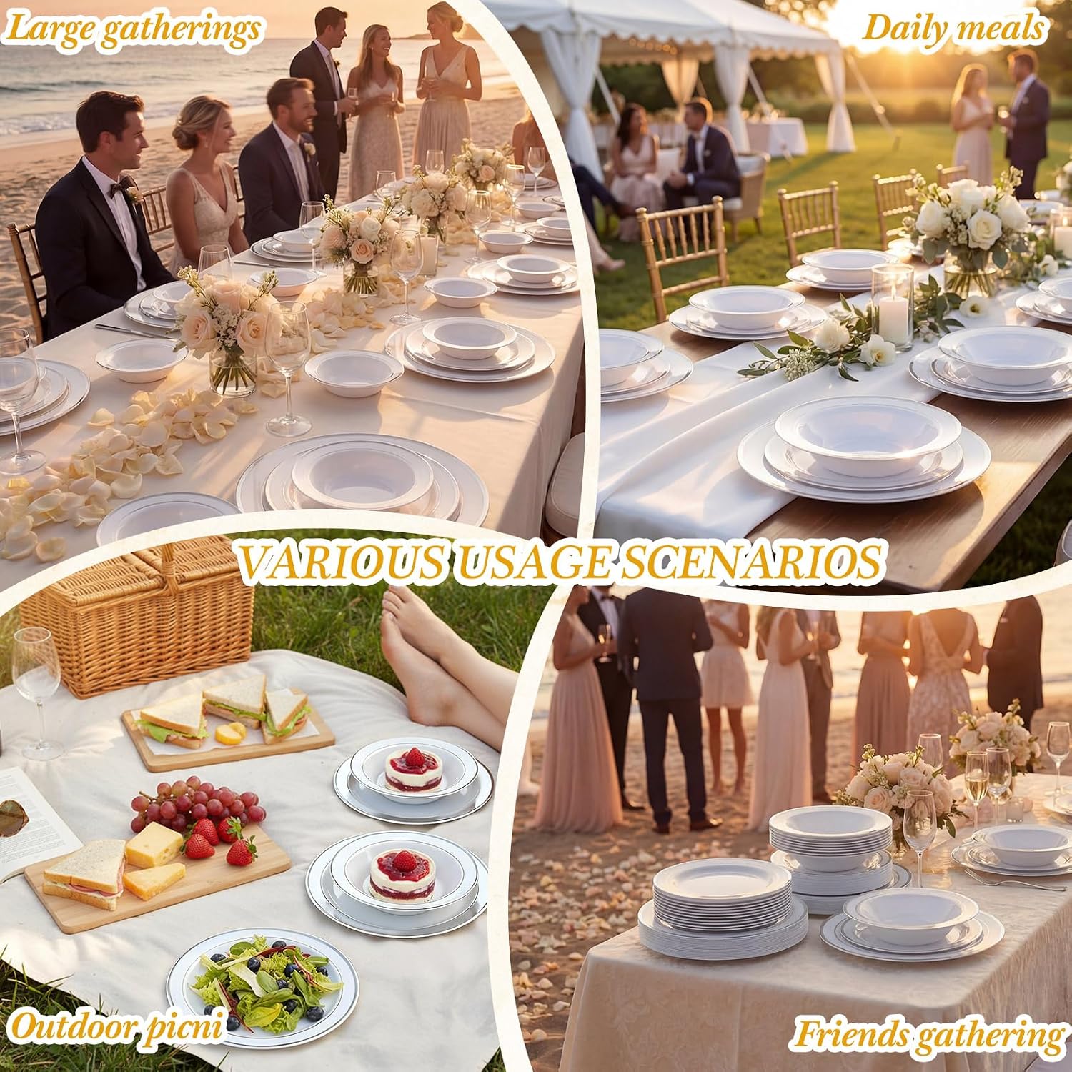 Havawish 150 Pcs Disposable Dinnerware Set for 50 Guests, White Plastic Plates and Bowls with Sliver Rim, 50 Dinner Plates 10.2 Inch, 50 Dessert Dishes 7.5 Inch, 50 Bowls for Wedding Party