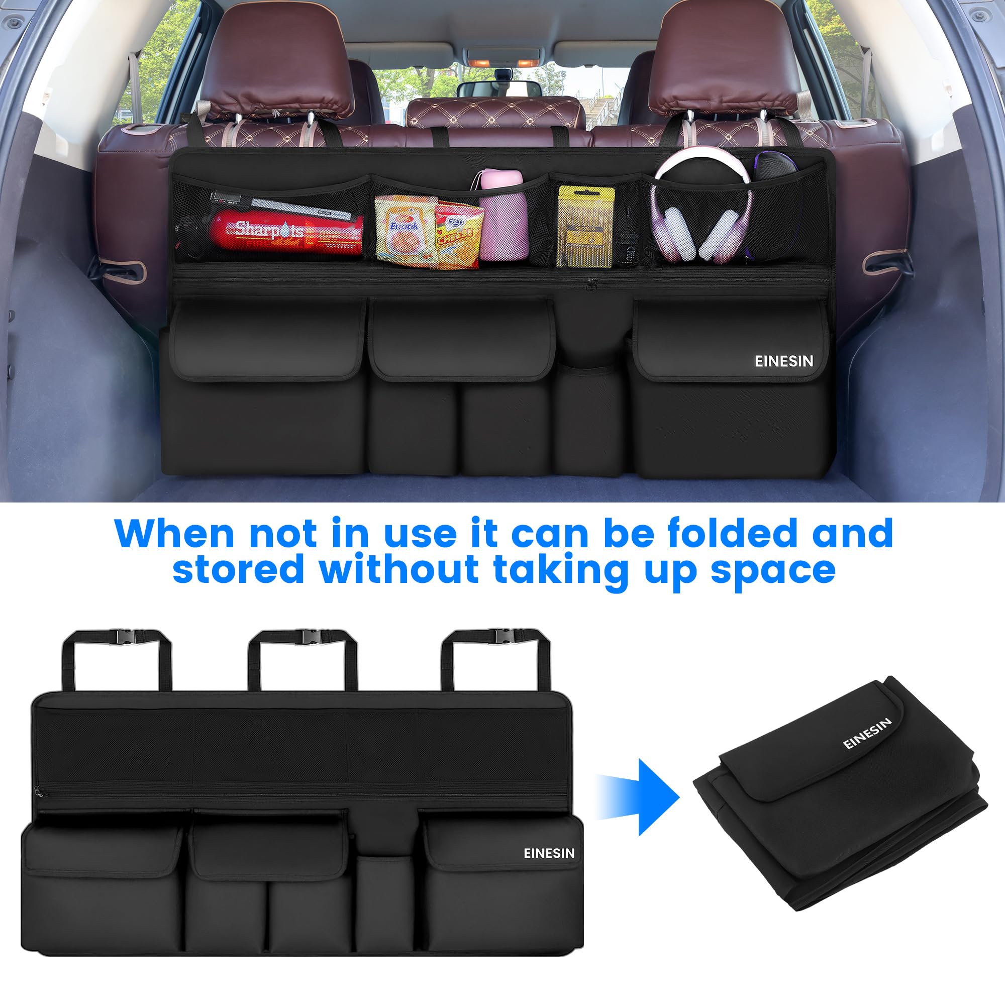 Einesin Kofferraum Organizer Auto, multi Aufbewahrungstasche für auto mit Netztaschen, Auto Aufbewahrungstasche mit 9 Pocket, schwarz