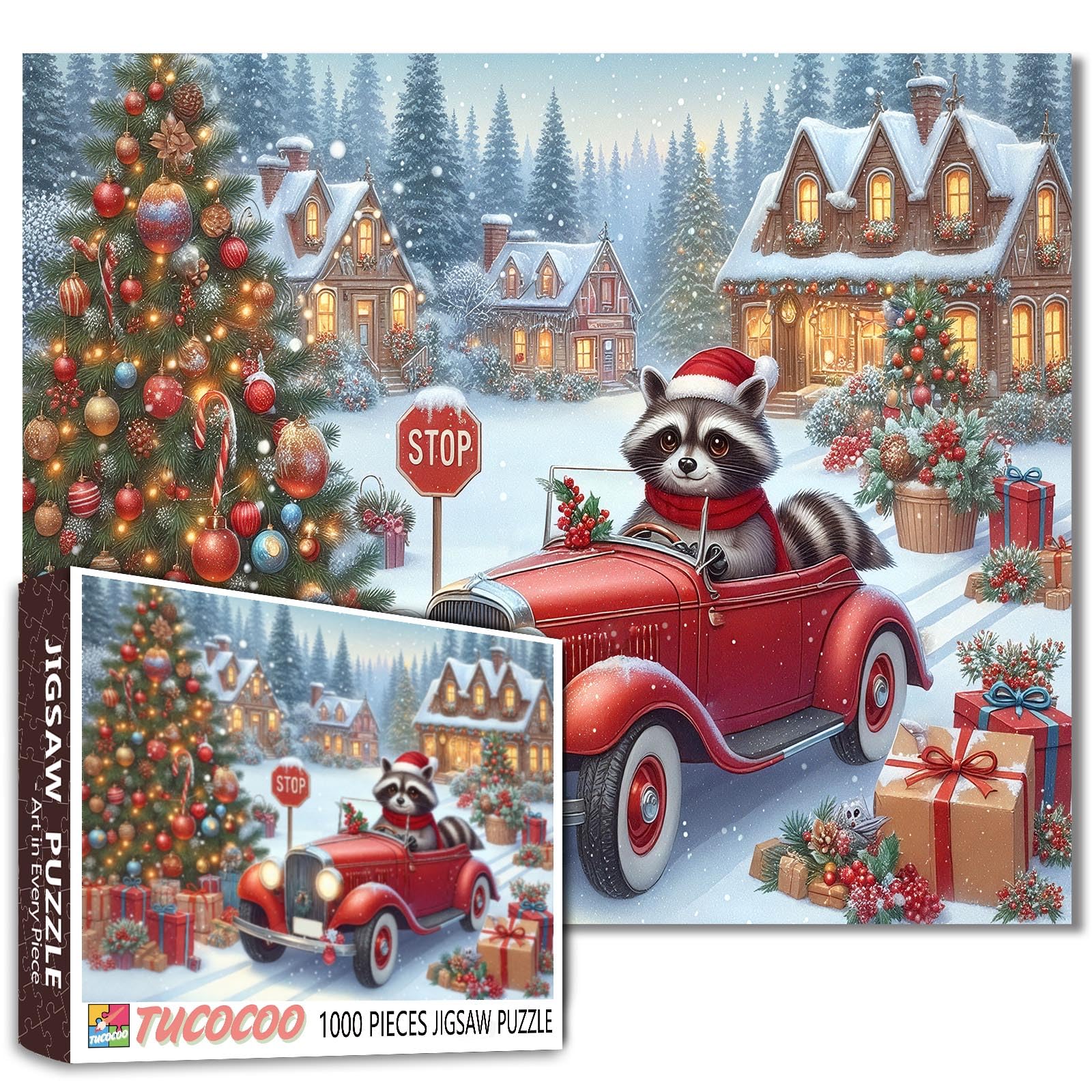Christmas Puzzle 1000 Pieces - Winter Snow Scene Holiday Painting Jigsaw Jigsaw(Raccoon,Red Car,Wooden House,Animal,Snowy village,Christmas Trees)for Adults Kids Family Fun,Home Decor Friendship Gift