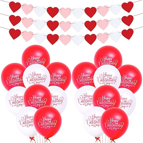 KatchOn, Guirnalda de corazón de fieltro para decoración del día de San Valentín, paquete de 53, juego de globos de San Valentín rojos y blancos,