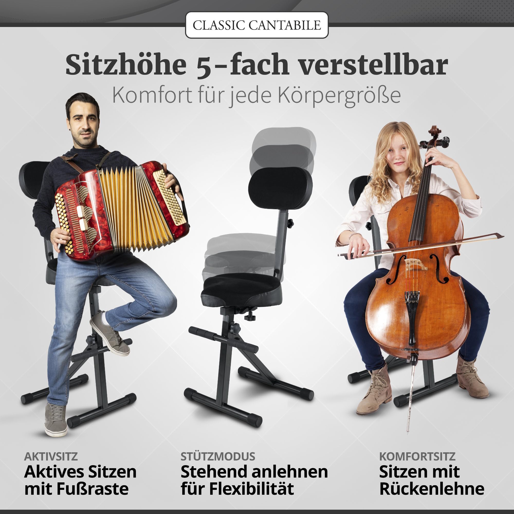 Classic Cantabile ST-200 PRO Stehhilfe, Keyboarder und DJs, Fußstütze | Massives Stahlgestell mit Gummifüßen, Sitzhöhe 5-stufig einstellbar, Lehne 2-fach verstellbar, Sitzfläche (BxHxT): 41 x 8
