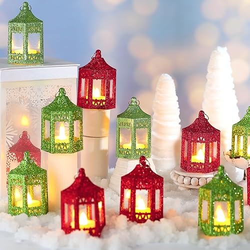 12 mini faroles decorativos de Navidad con vela LED de 4.33 pulgadas, pequeño farol colgante con purpurina para centro de mesa, adorno de Navidad disponible en Yaxa Colombia