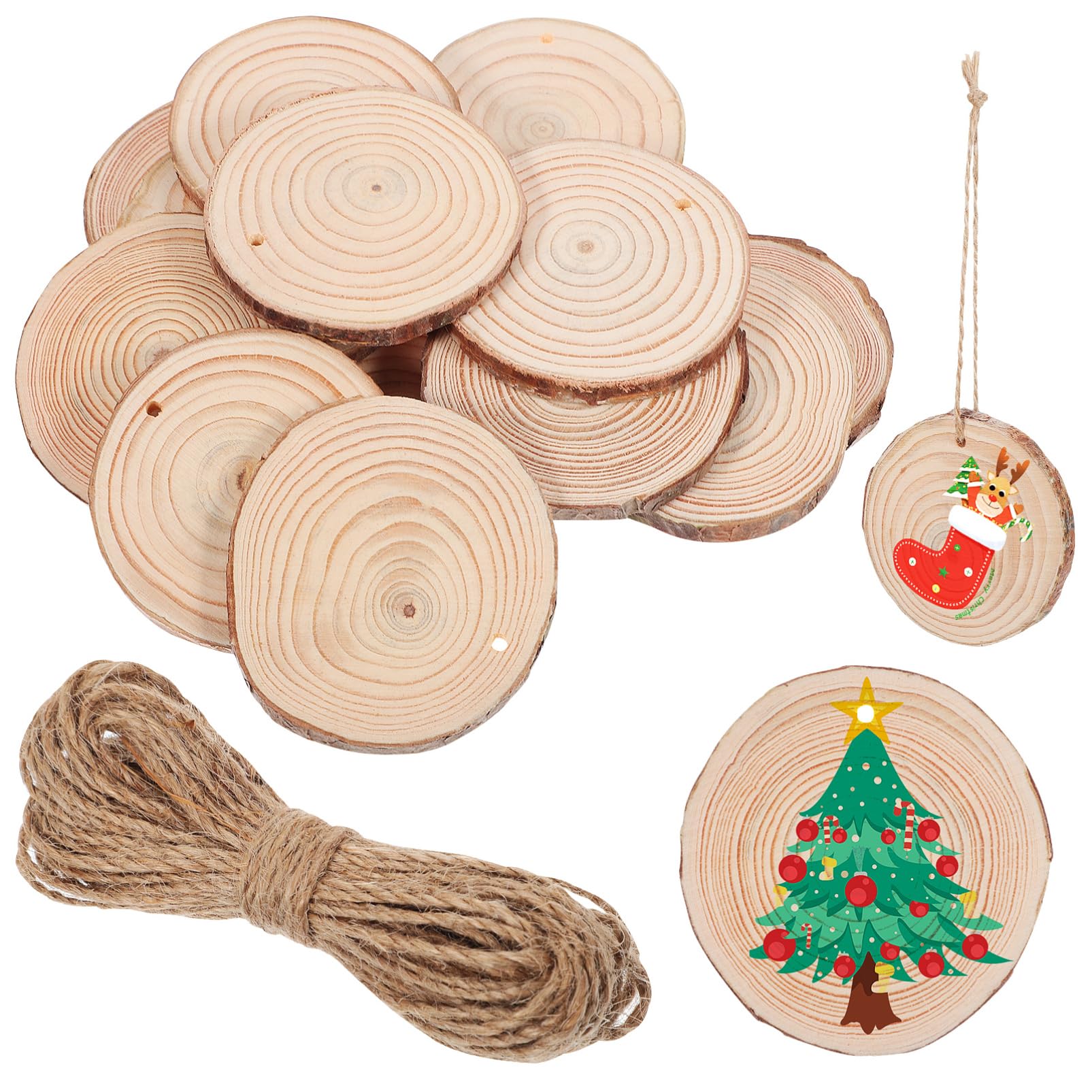50 Stück Holzscheiben mit Jute Schnur Ungebohrte Holzrunden für Diy Bastelprojekte Weihnachts und Hochzeitsdekorationen