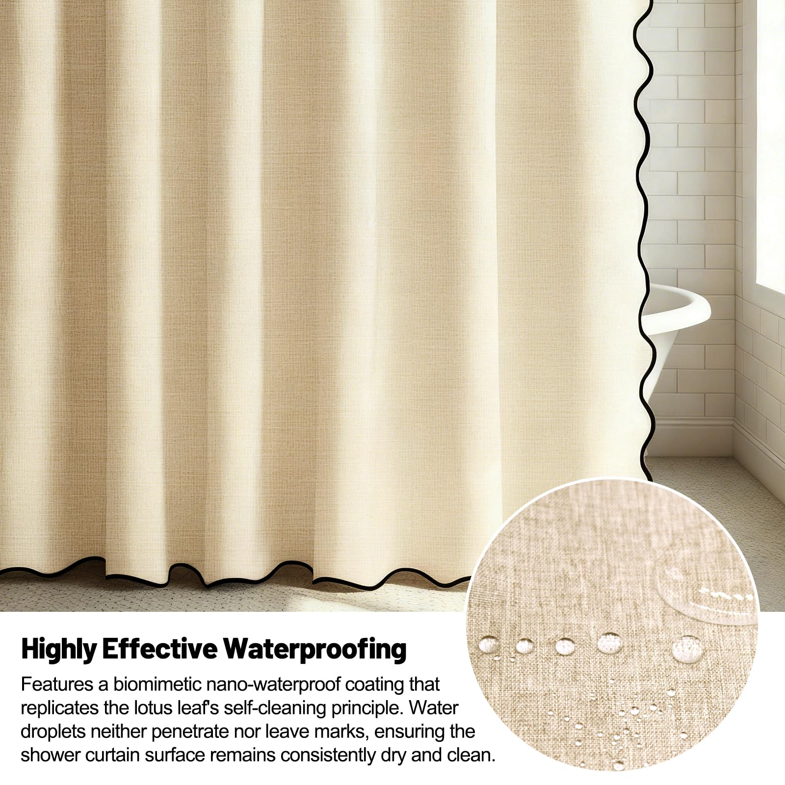 Braun Duschvorhang 180×180cm Duschvorhang Leinen Struktur Shower Curtain Wellenförmiger Rand Badevorhang Badezimmer Vorhänge Duschvorhänge Wasserdicht mit 12 Duschvorhangringe, für Badezimme